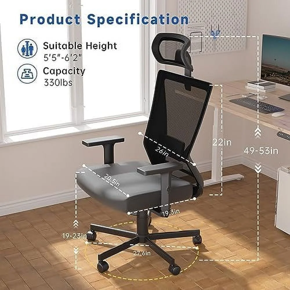 JYHOME Ergonomic Office Chair  High Back Desk Chair  Computer Mesh Chair with Lumbar Support  Adjustable Headrest & 2D Armrest  90°-135°Tilt   ° Swivel Home Office Task Chair  White
