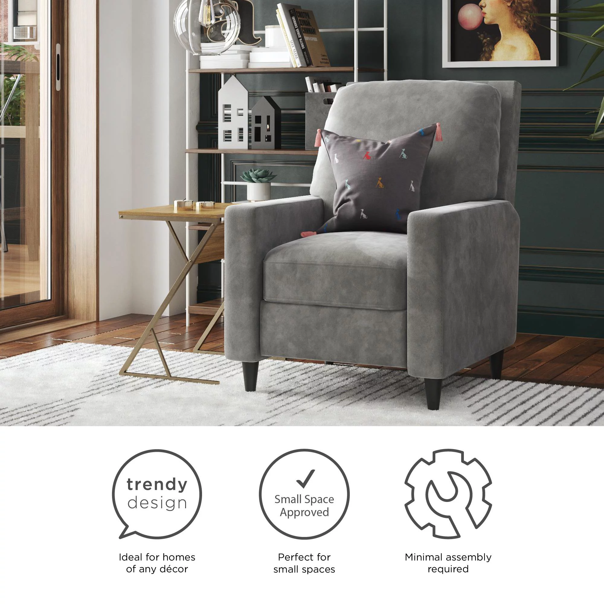 Novogratz Lana Pushback Recliner, Light Gray Velvet