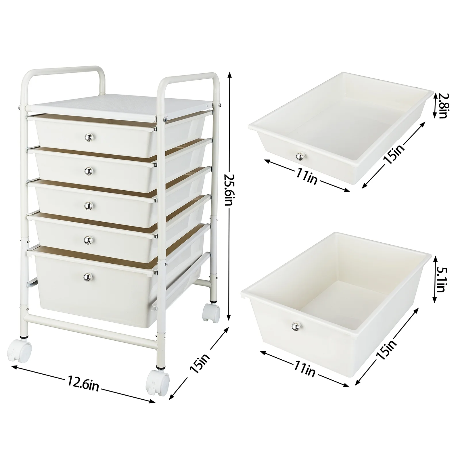 Hurber 5 Drawer Rolling Storage Cart Scrapbook Paper Office Organizer, White