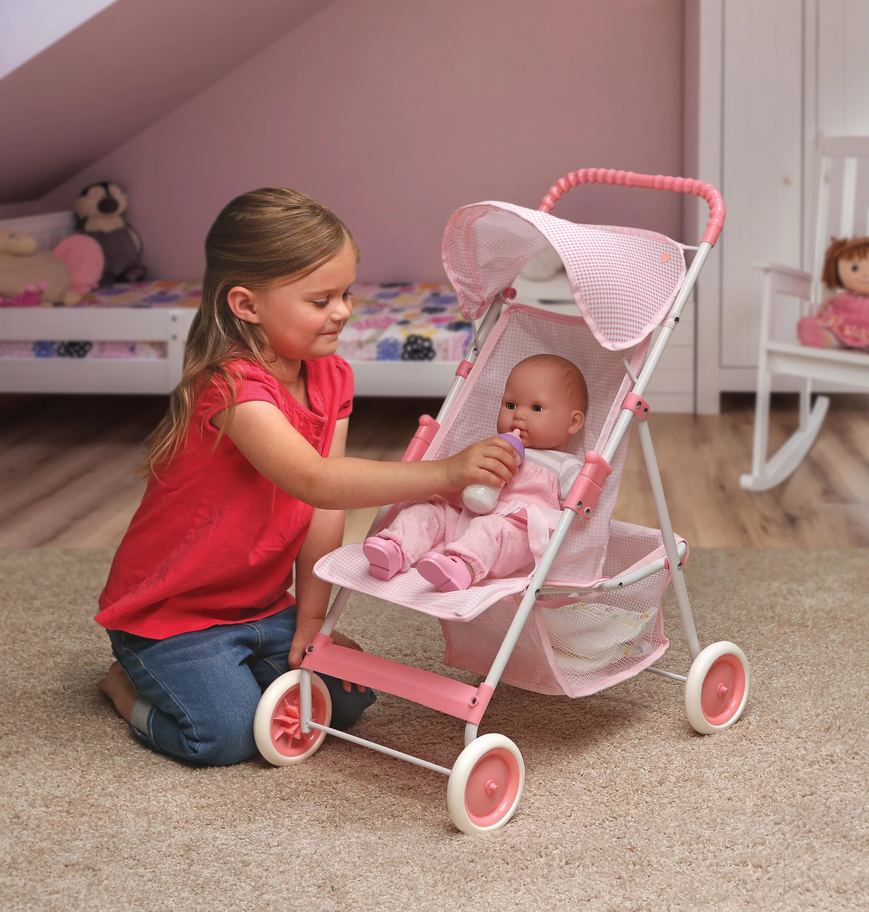 Badger Basket Folding Doll Umbrella Stroller - Pink/Gingham