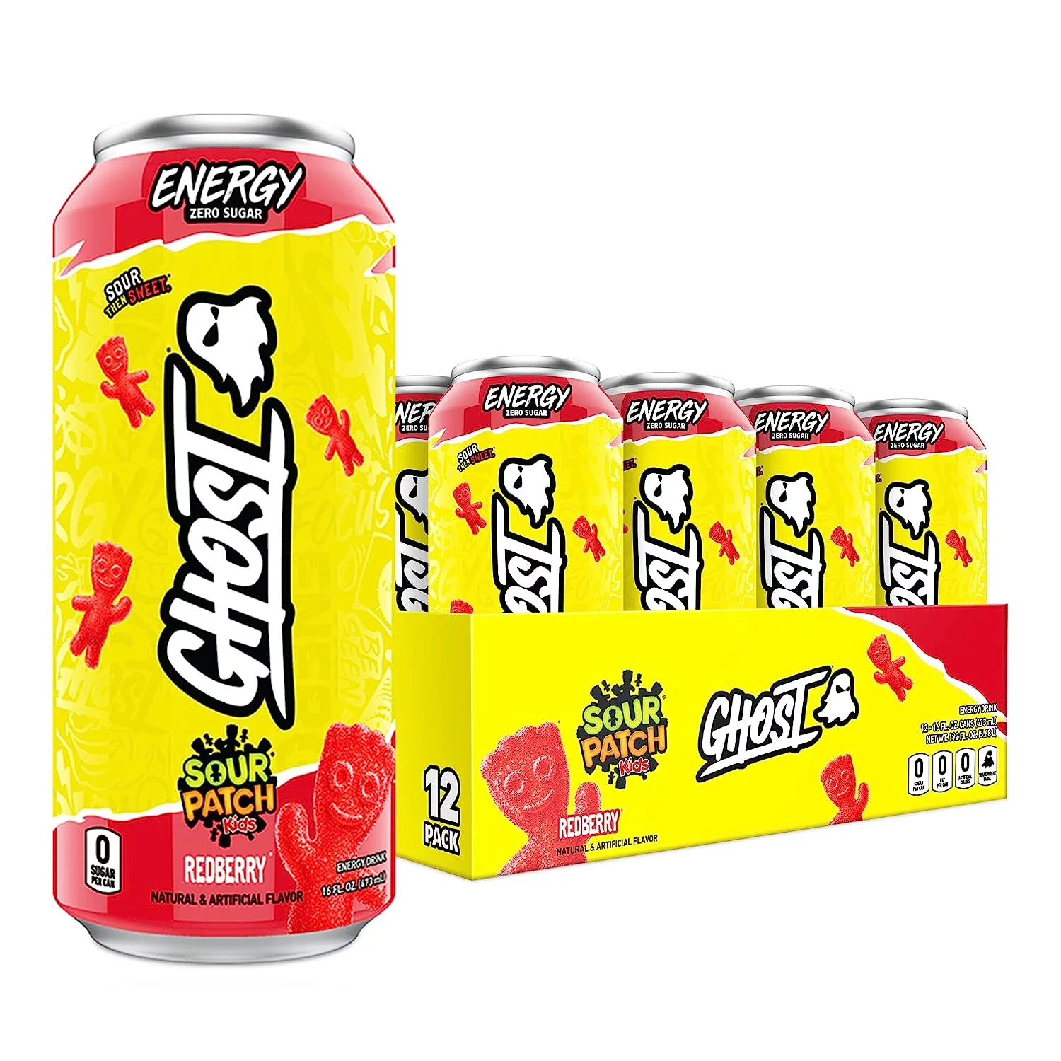 GHOST Zero Sugar Energy Drink, SOUR PATCH KIDS Redberry, 16 oz Can, 12 Pk