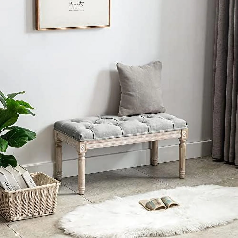 CHYTGBV Fabric Entryway Bench  French Vintage Tufted Upholstered Bedroom Bench Cushion Small Bench Seat  Beige