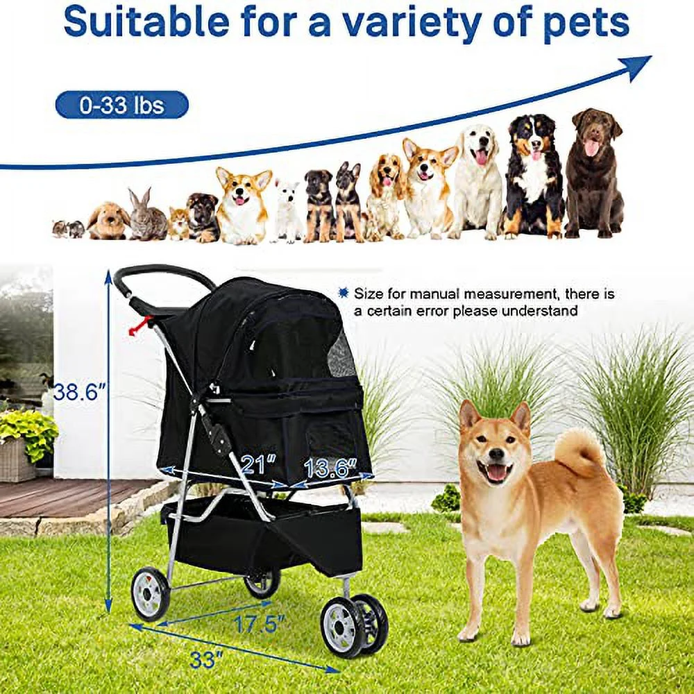 Best 3 Wheels Pet Stroller for Dog Stroller Cat Stroller, Lightweight and Foldable Pet Jogger Stroller, Carrier Strolling Cart W/Cup Holders Removable Liner for Small and Medium Dog Cat or Pet - Black