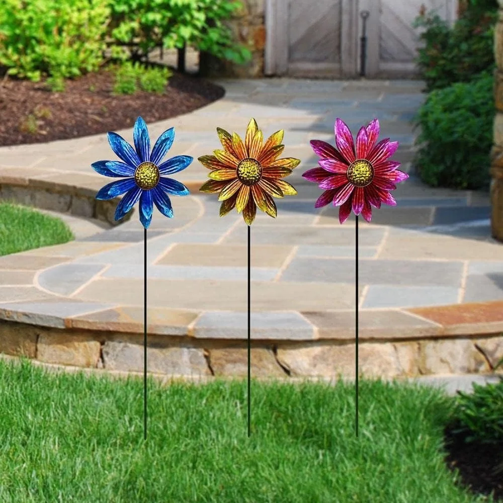Alpine Vibrant Metal Floral Wind Spinner Garden Stake LJJ1144A Pack of 9