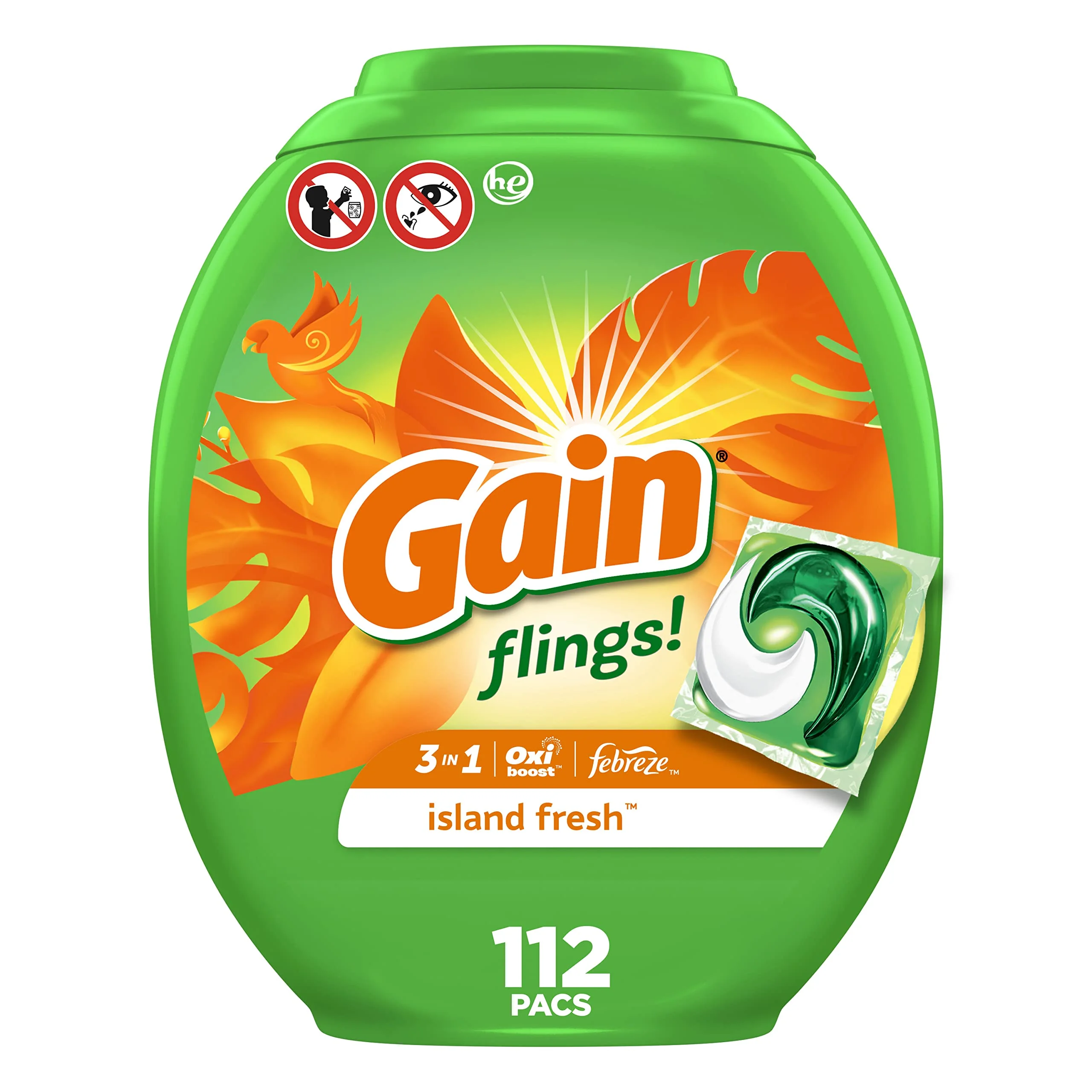 Gain Flings Liquid Laundry Detergent, Island Fresh Scent, 112 Count, He Compatible