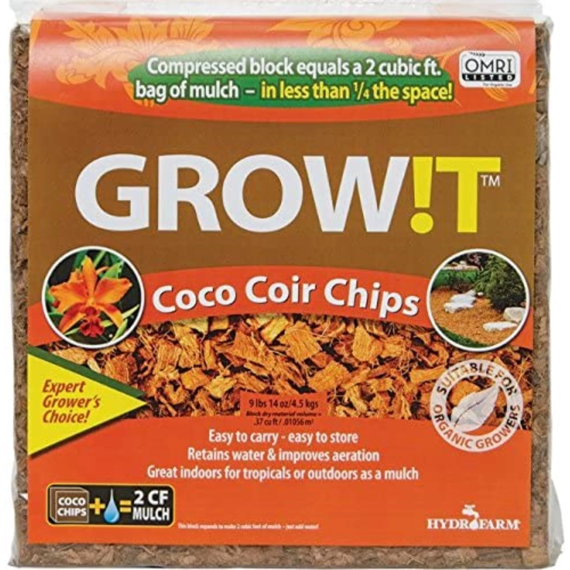 Hydrofarm GROW!T JSCC2 Organic Coco Coir Tropical Planting Mulch Chips, 2 Cu Ft