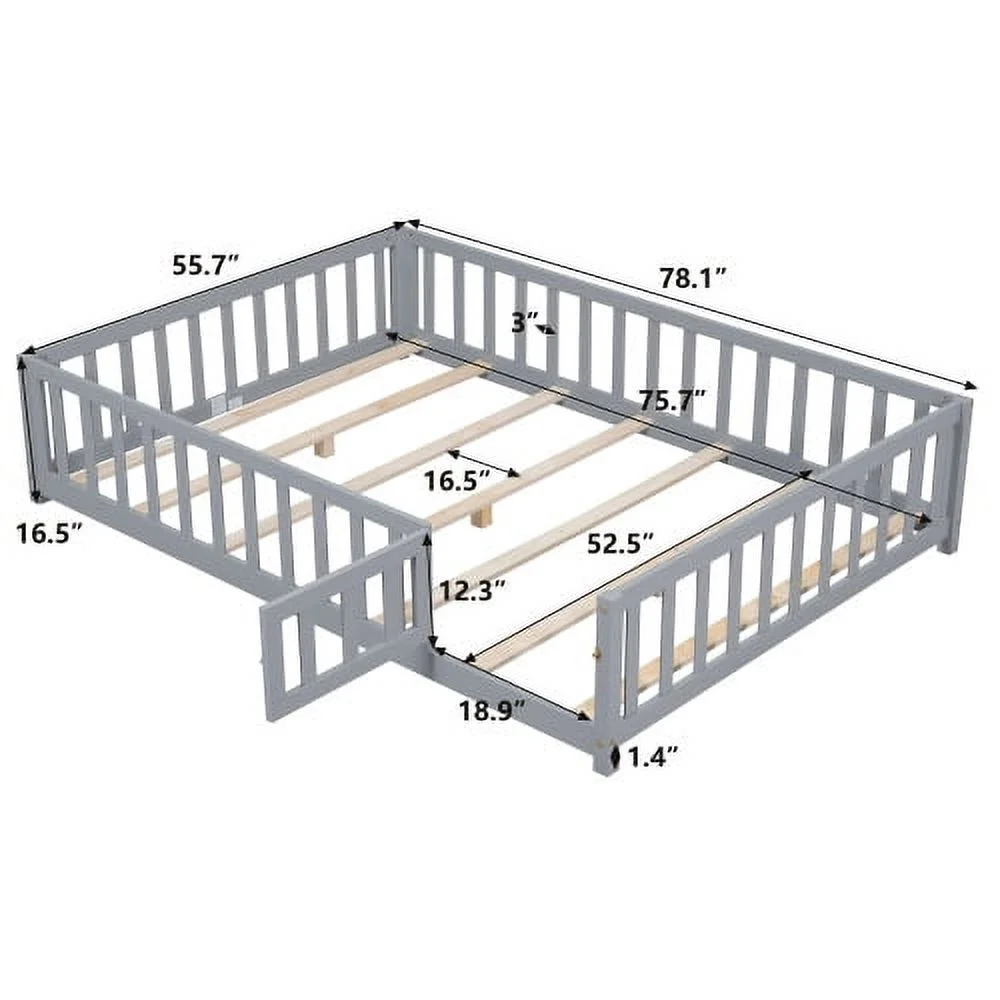 YLtoohoom Full Size Floor Platform Bed with Fence and Door for   Montessori Floor Bed Frame with Support Slats for Toddlers  Wooden Floor Bed Grey