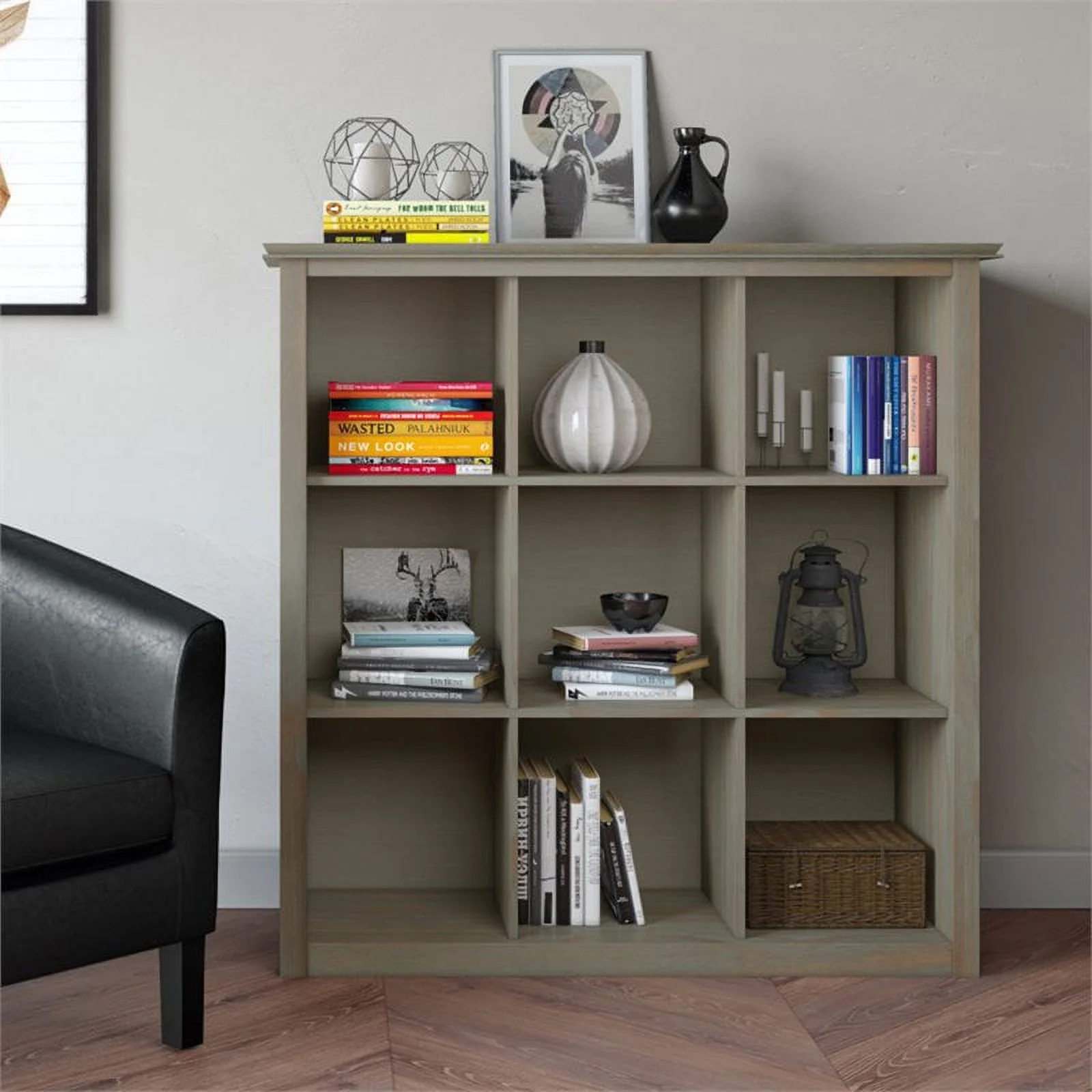 Pemberly Row Transitional Wood  9 Cube Bookcase and Unit in Gray
