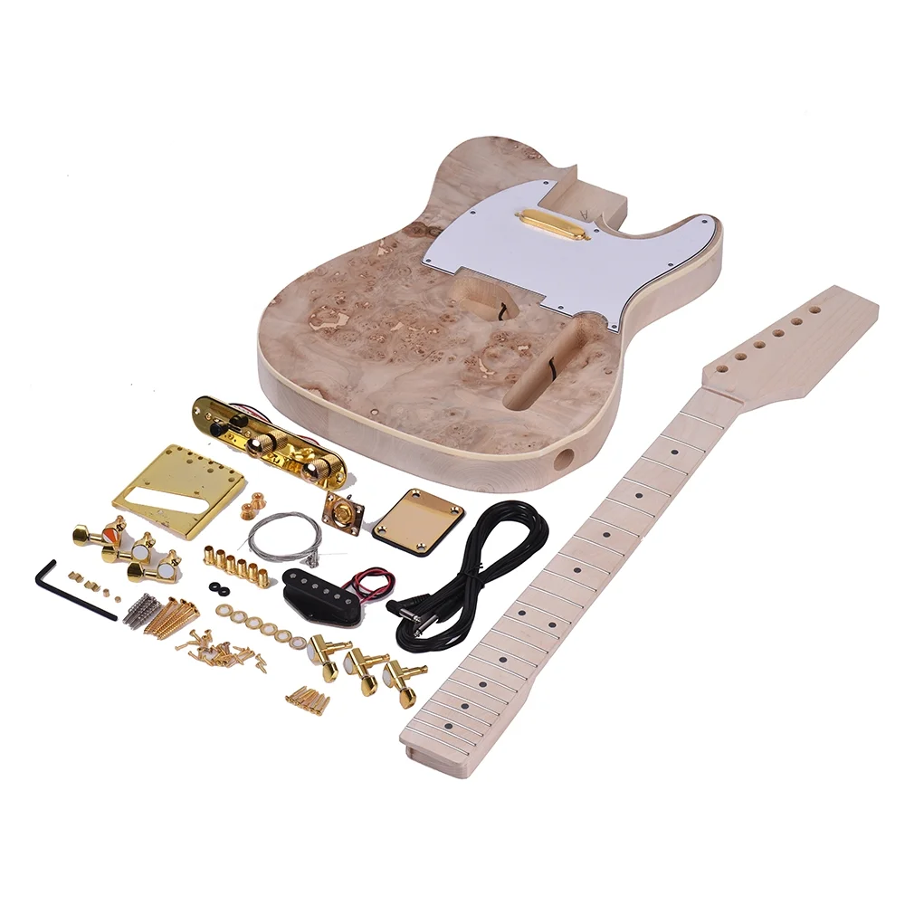 Unfinished Electric Guitar DIY Kit Basswood Body Burl Surface Maple Wood Neck & Fingerboard