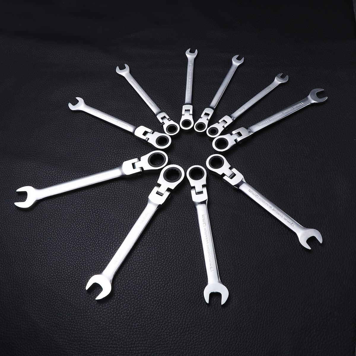 11mm Dual Heads Ratchet 180 Degree Flexible Pivoting Head Adjustable Combination Dicephalous Wrench Spanner (Silver)