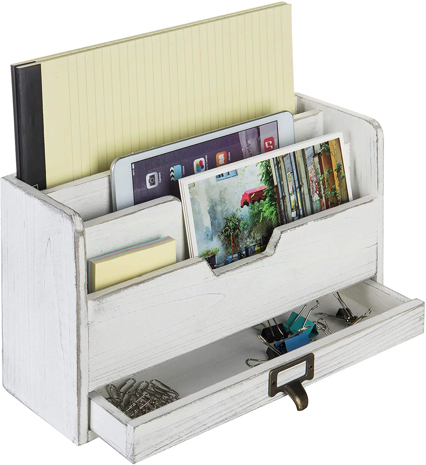 MyGift Vintage White Wood 3-Slot Desktop Organizer