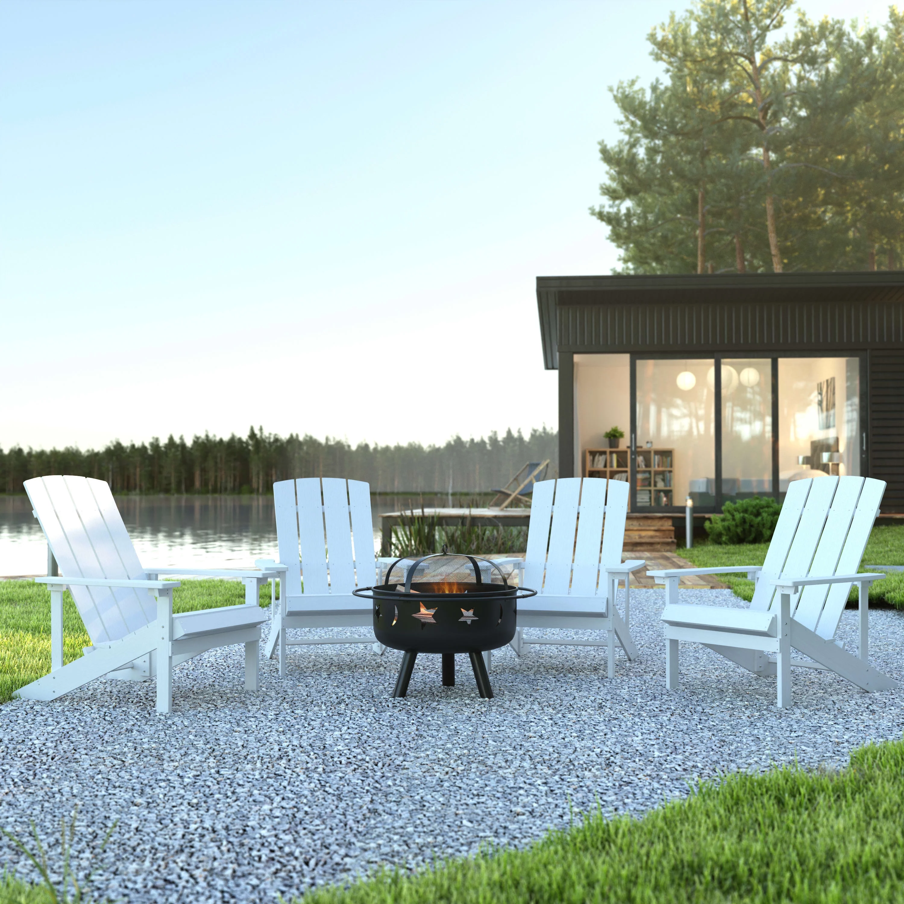 Flash Furniture Charlestown 5 Pcs Iron Wood Burning Fire Pit Set With Adirondack Chairs, White