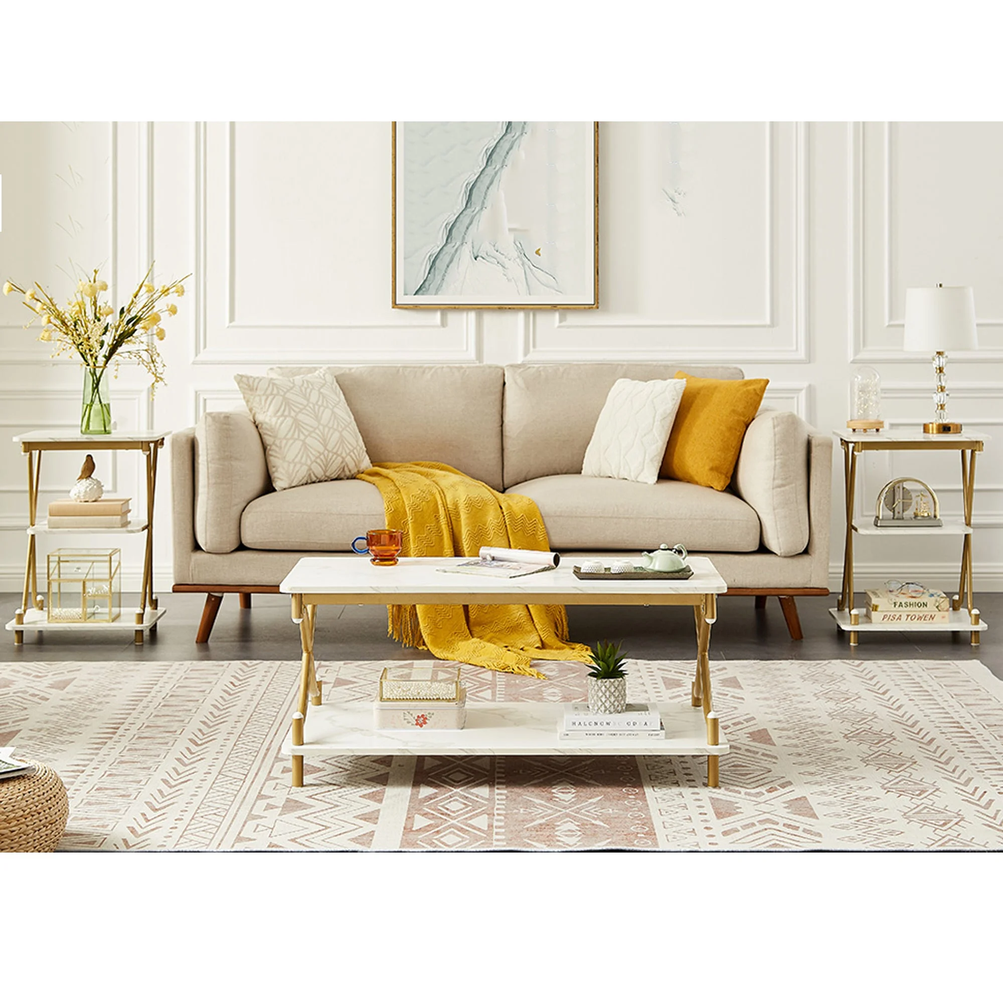 VECELO 3-Piece Coffee Table Set with Coffee Table + 2 End Tables, Modern X-Shaped Design Living Room Table Set, Gold