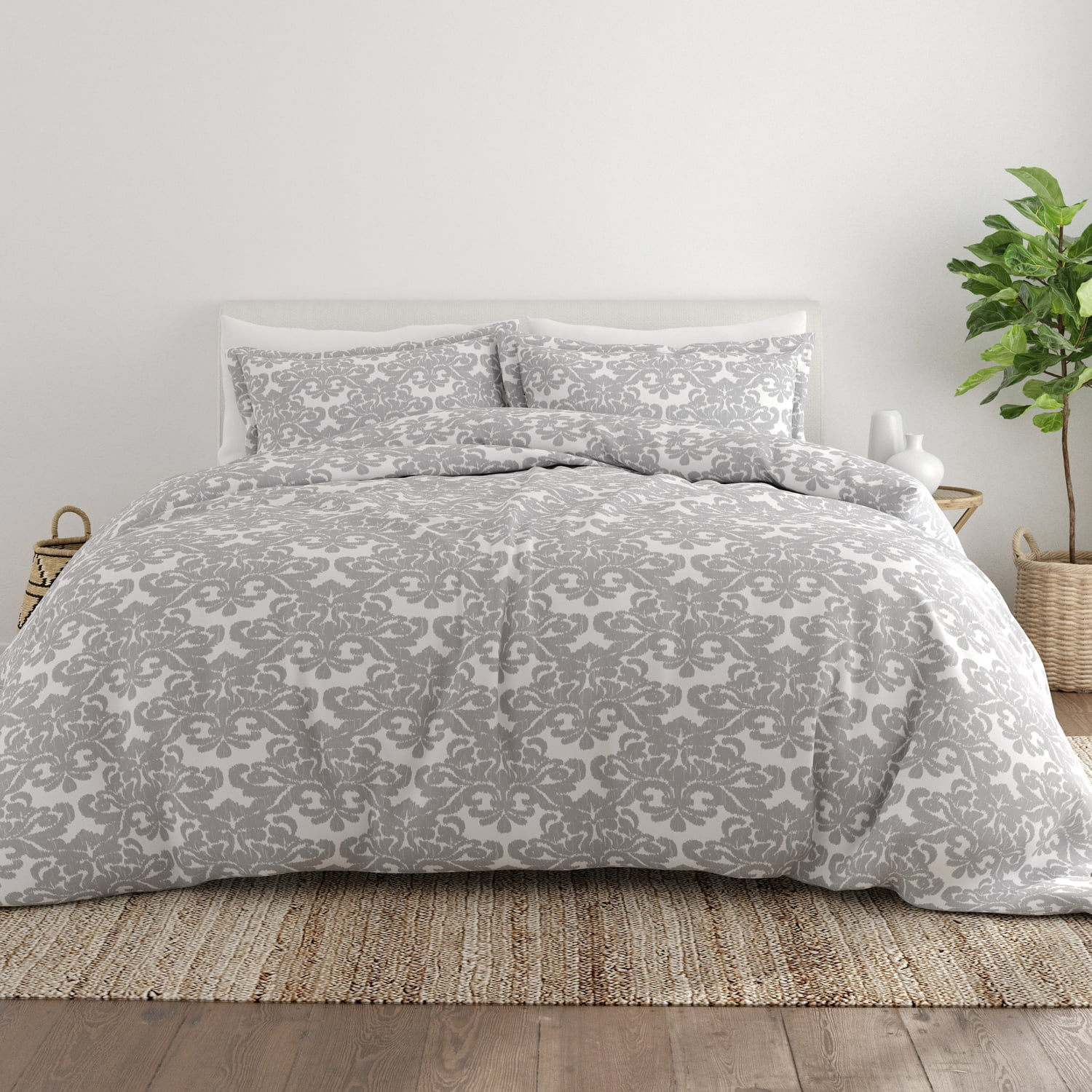 Noble Linens Light Gray Soft Damask Pattern 3-Piece Duvet Cover Set, Full/Queen