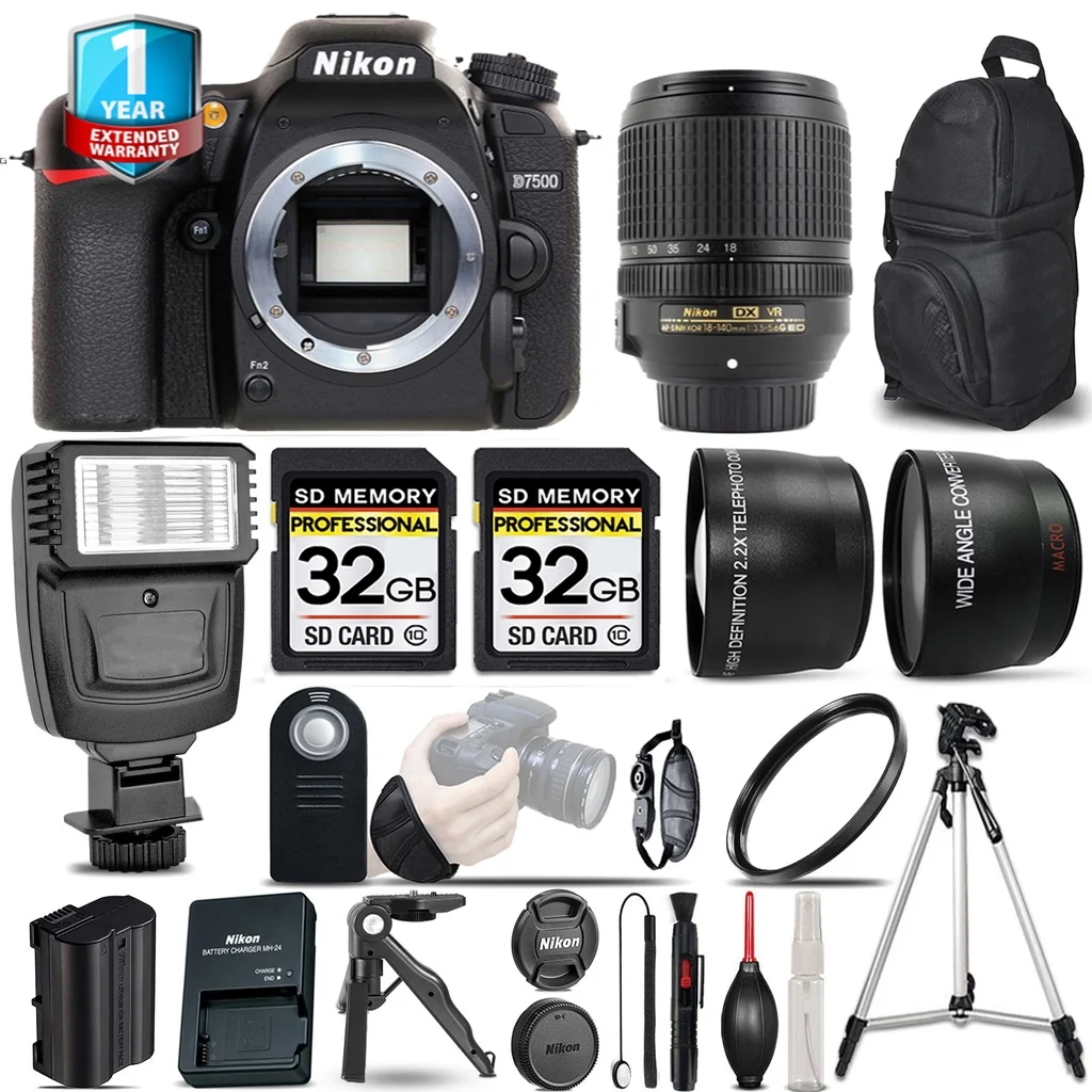 Nikon D7500 Camera + AF- S 18-140mm VR - 3 Lens Kit + Flash + 1yr Warranty +64GB