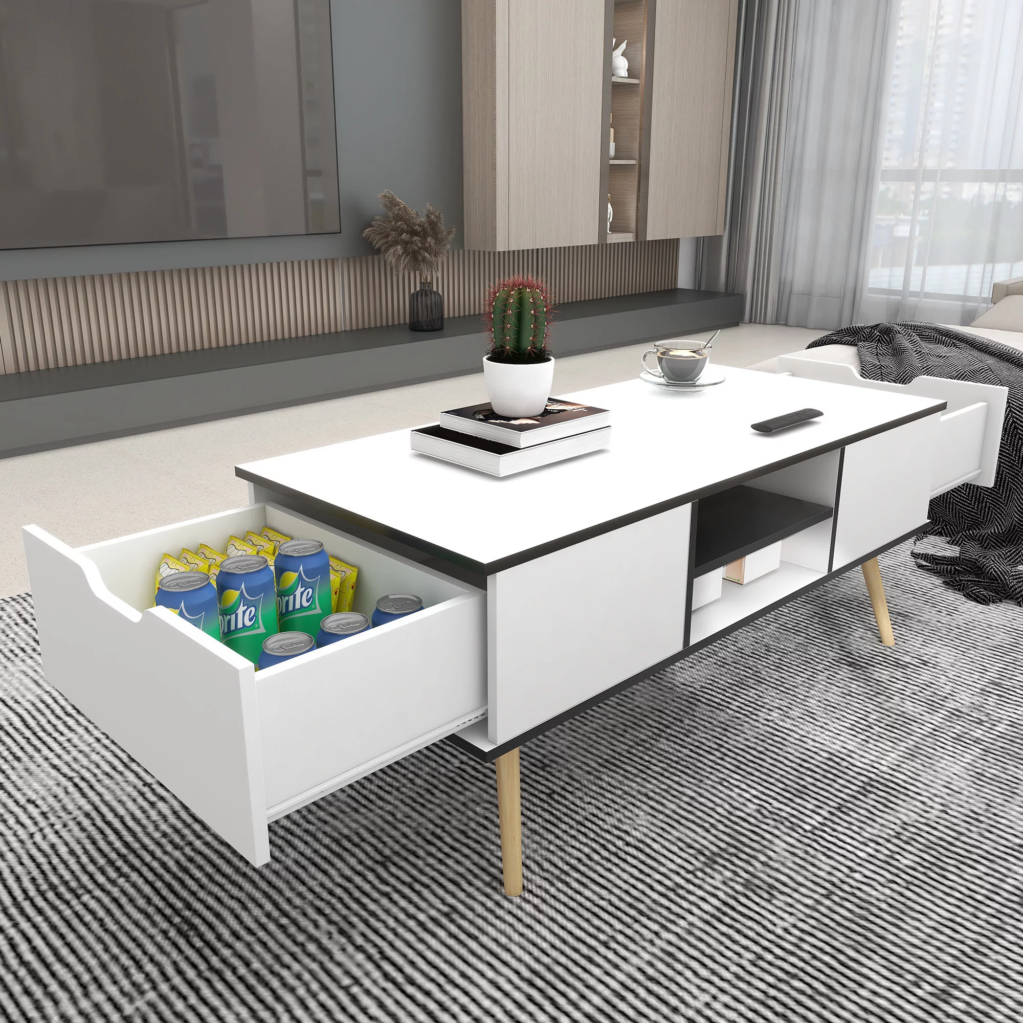 HIUU White Coffee Table with Storage,Living Room Coffee Table with Drawers,Modern Wood Coffee Table