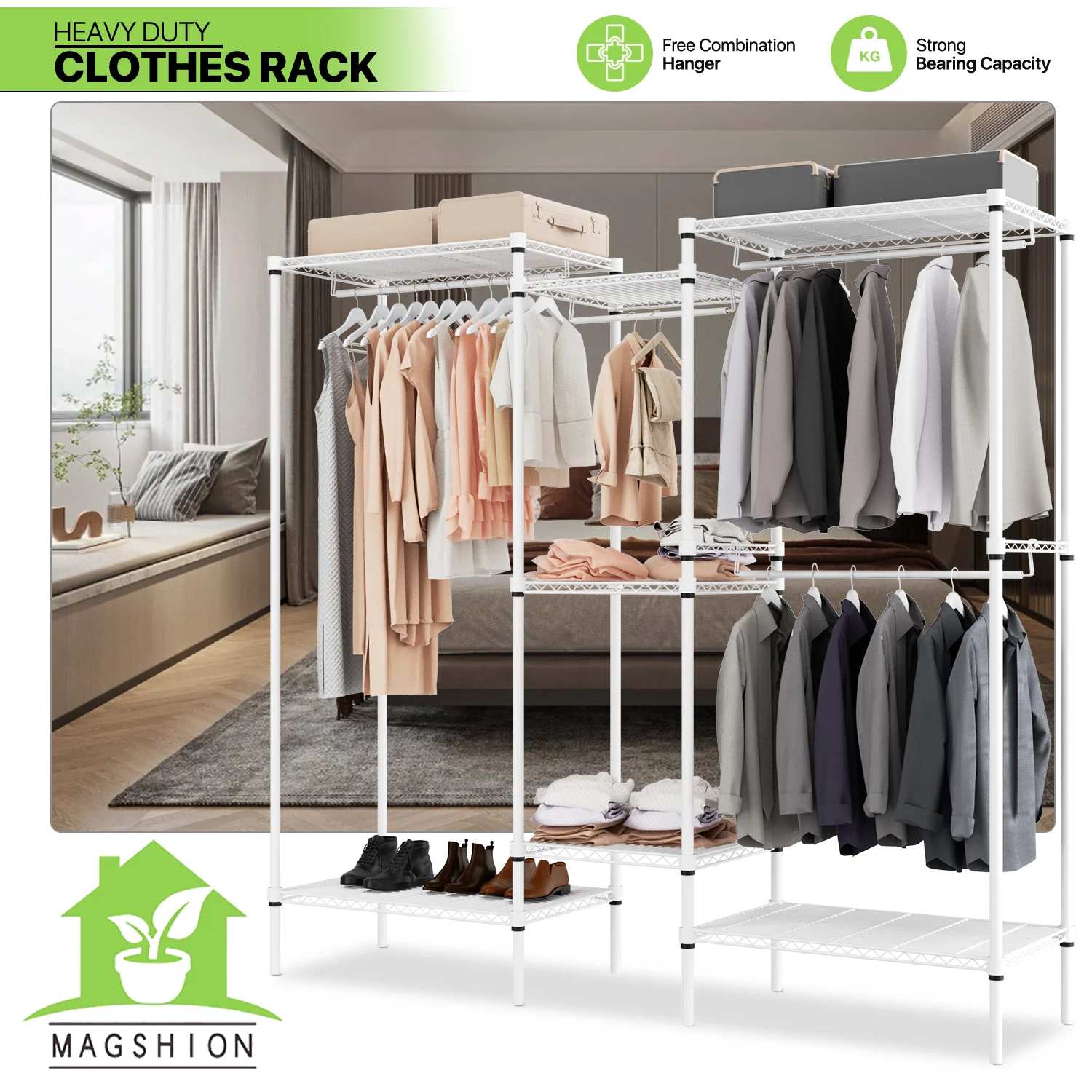 Magshion Clothes Rack Heavy Duty Clothing Racks for Hanging Clothes Carbon Steel Wire Garment Rack Freestanding Large Capacity Clothes Rack, 66