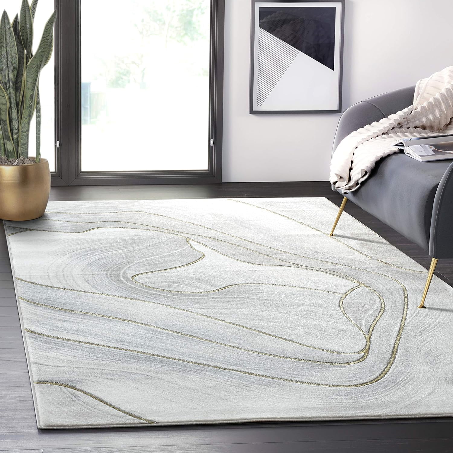 Grey & Metallic Contemporary Ribbon 4' X 6' Area Rug, Rugs Swirl Design Neutral Non-Shed Bedroom Rug