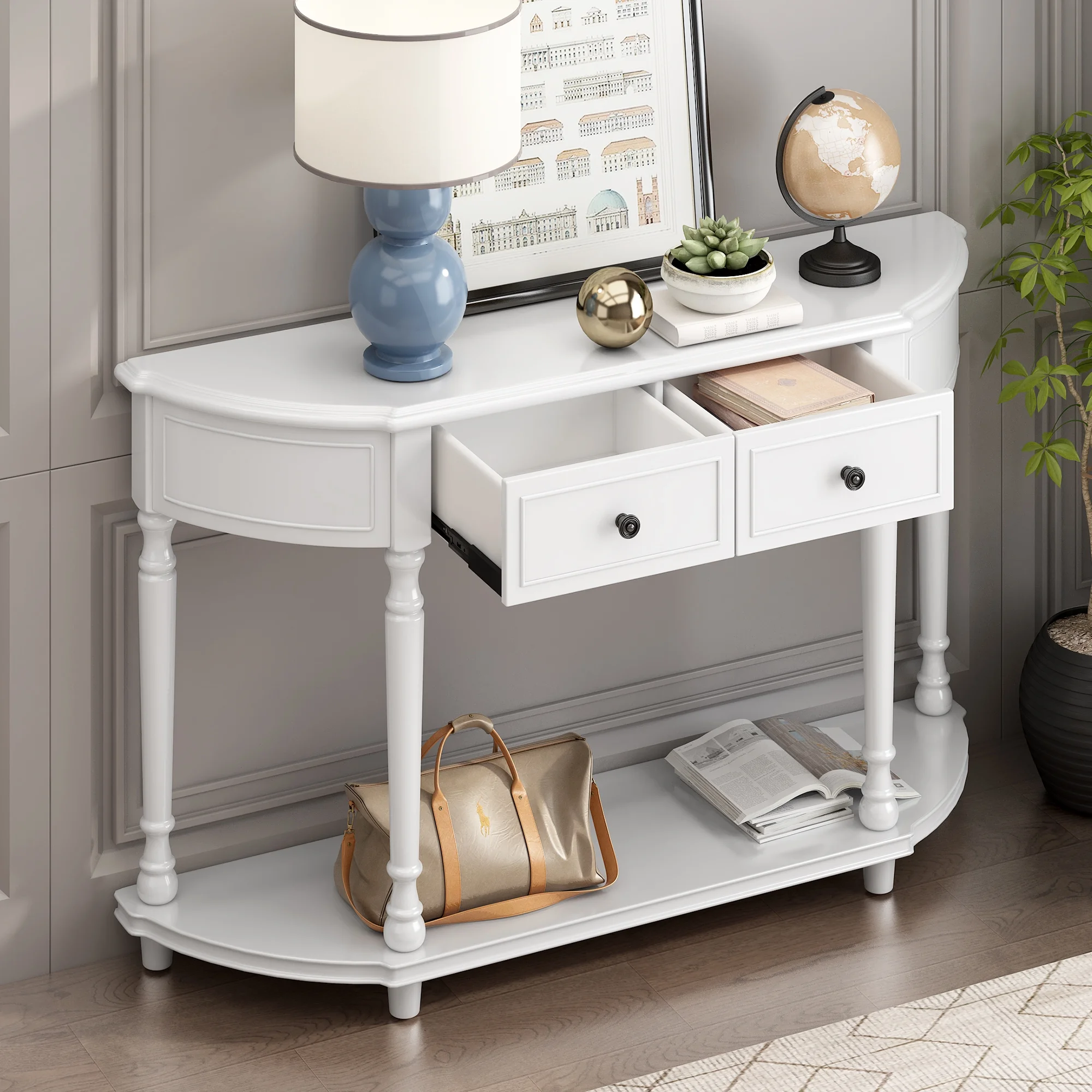 Retro Circular Curved Design Console Table with Open Style Shelf Solid Wooden Frame and Legs Two Top Drawers (White, OLD SKU: WF298768AAK)