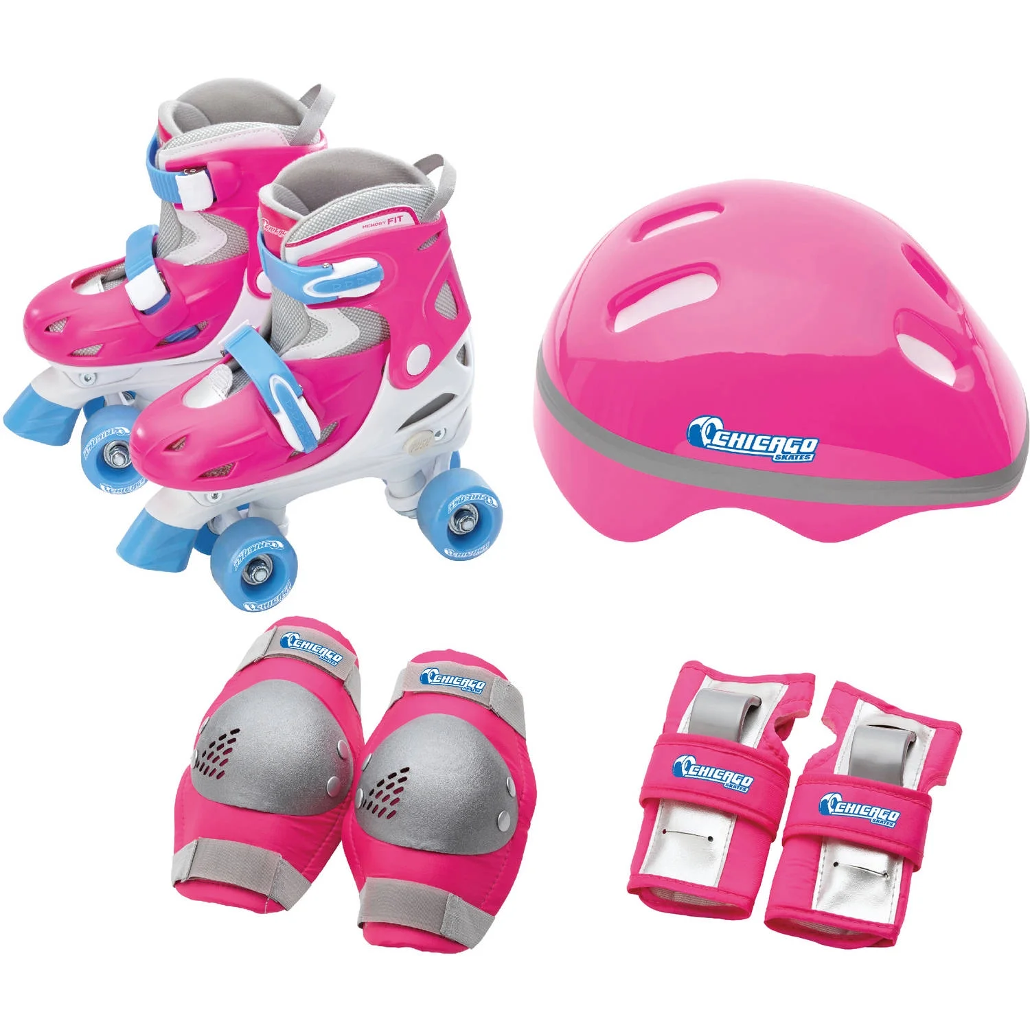 Chicago Girls' Adjustable Quad Roller Skates Combo Set Pink/White/Blue, Size 1-4
