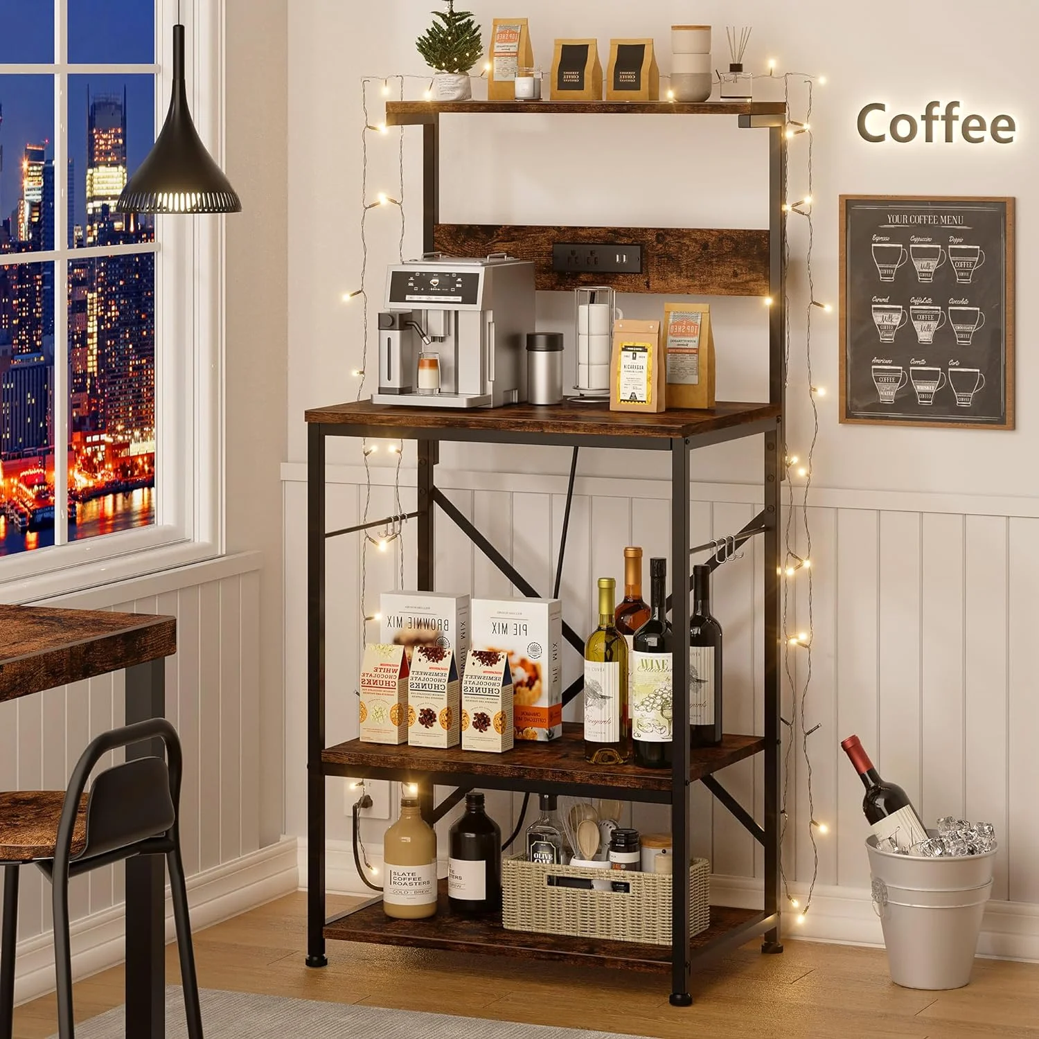 Kitchen Bakers Rack with Power Outlet, Microwave Stand with 6 S-Shaped Hooks, 4-Tier Coffee Bar Microwave Rack (23.62'', Rustic Brown)