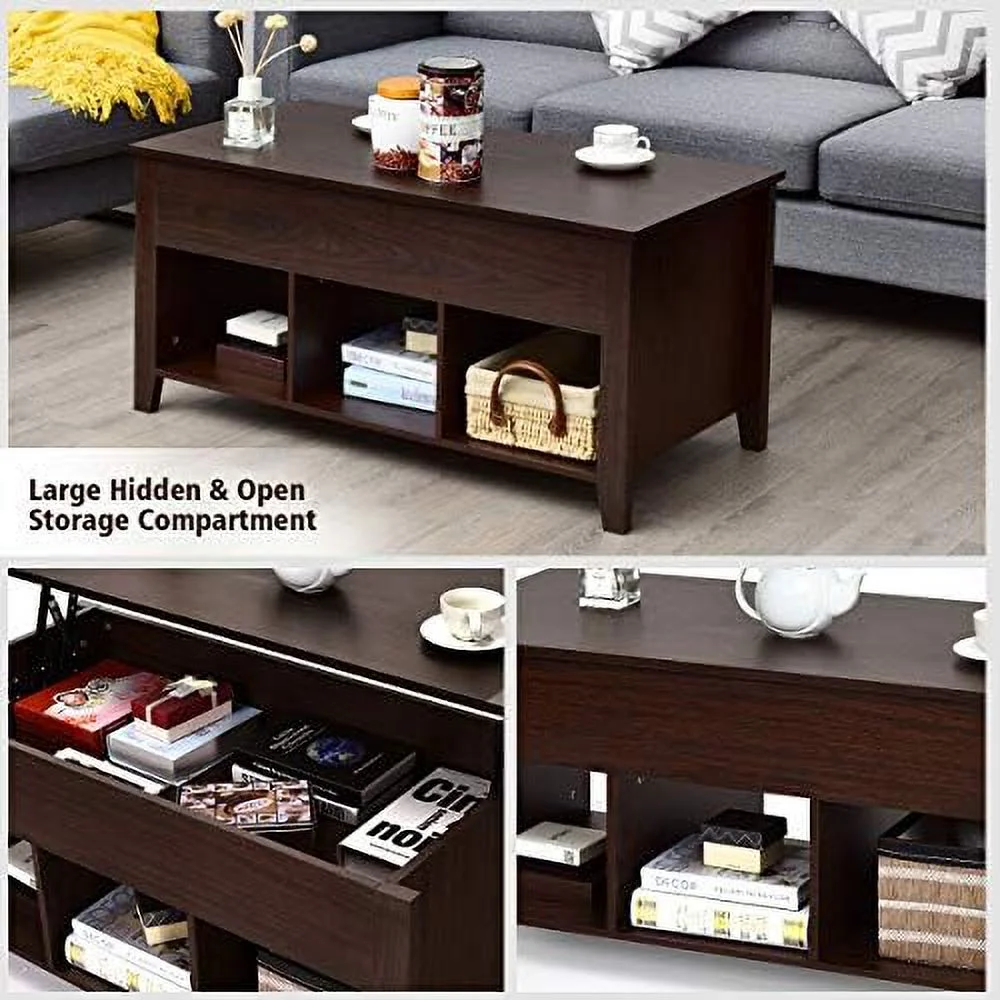 TQJKLFDY Lift Top  Space Coffee Table  Multi-Functional Modern Coffee Table with Height Adjustable Top & Hidden Compartment  & Three Open Shelves at Bottom (Brown)