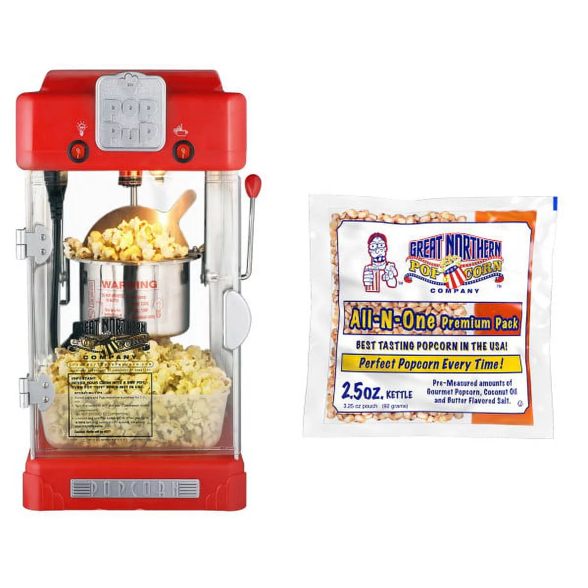 Pop Pup Popcorn Machine – 2.5 Oz Kettle with 12 Pack of Pre-Measured Popcorn Kernel Packets, Scoop, and Serving Cups by Great Northern Popcorn (Red)