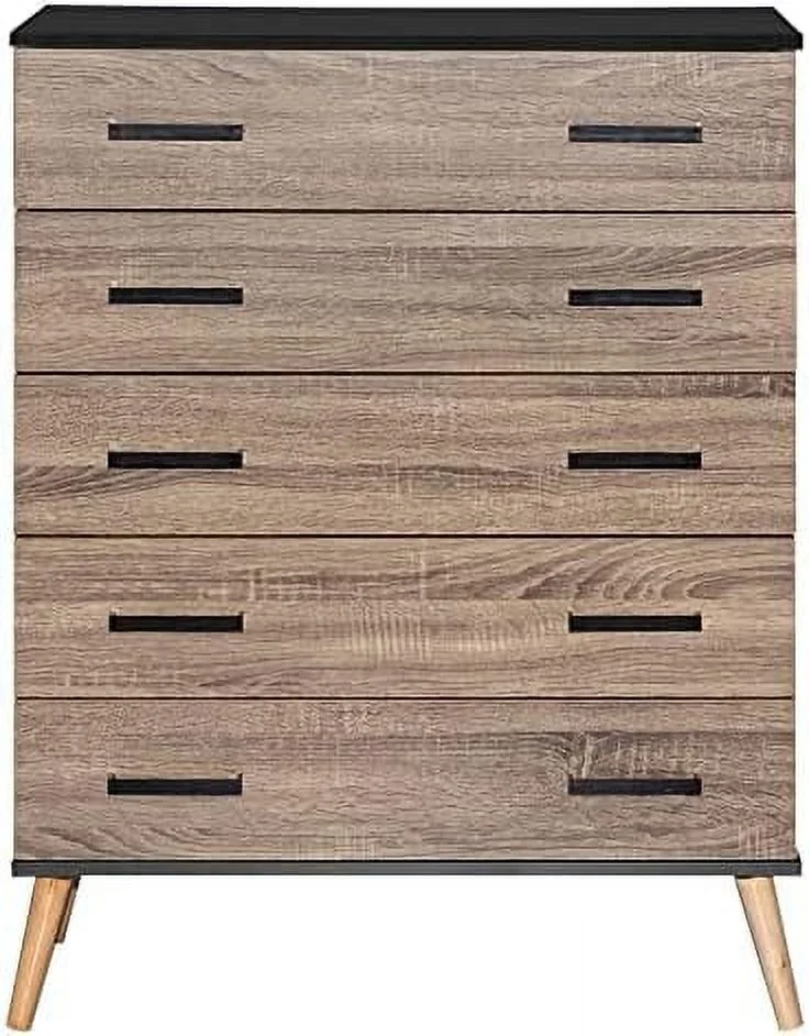 HBBOOMLIFE Eli Mid-Century Modern 5 Drawer Chest Dark Gray & Honey Oak