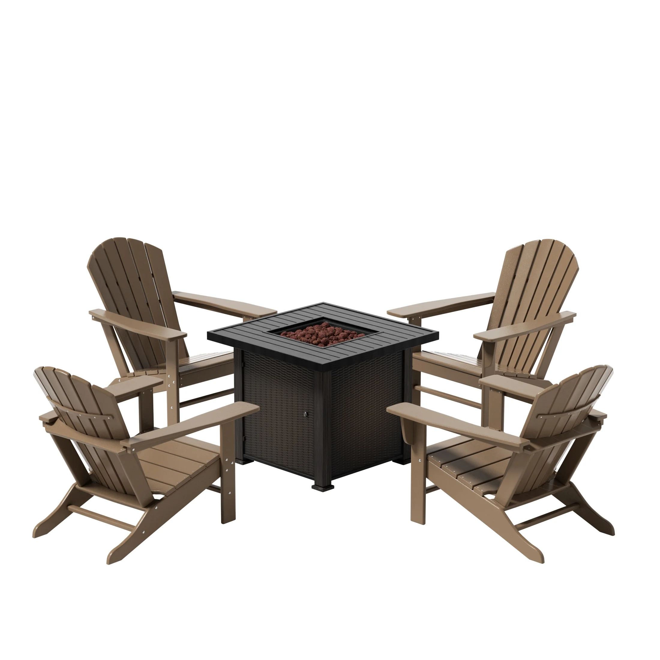 WestinTrends 5-Pieces Adirondack Patio Chairs w/ Square Fire Pit Table Set Included, Weathered Wood