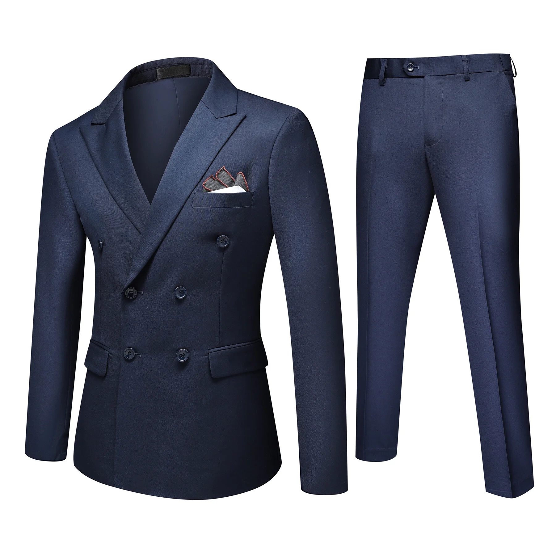 Cloudstyle Men's Business Solid Color Double-breasted Suit Two-piece Set with Black Pocket Square