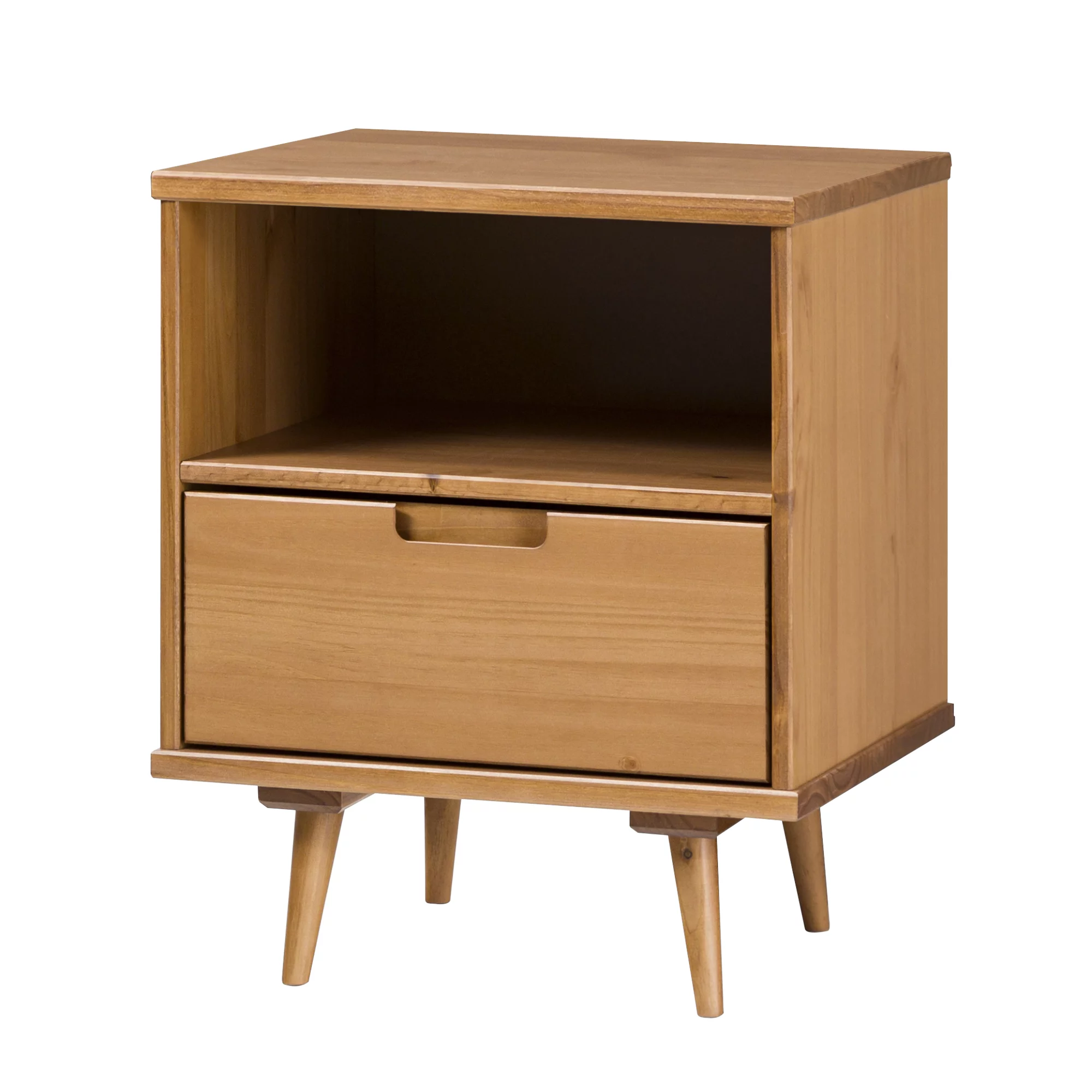 Walker Edison 24” Mid-Century Modern Groove Handle 1-Drawer Side Table, Caramel