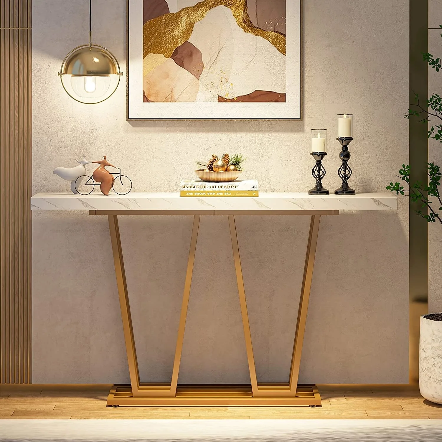 55 Inches Modern Console Table, White Faux Marble Wood Entryway Table