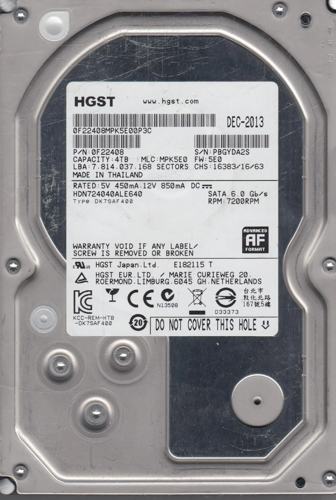 HDN724040ALE640, PN 0F22408, MLC MPK5E0, Hitachi 4TB SATA 3.5 Hard Drive