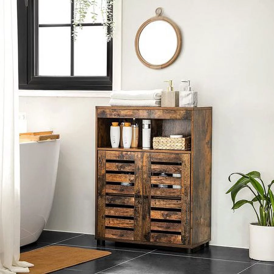 VASAGLE Bathroom Storage Cabinet Cupboard with Louvered Doors Open Compartments Adjustable Shelf Rustic Brown