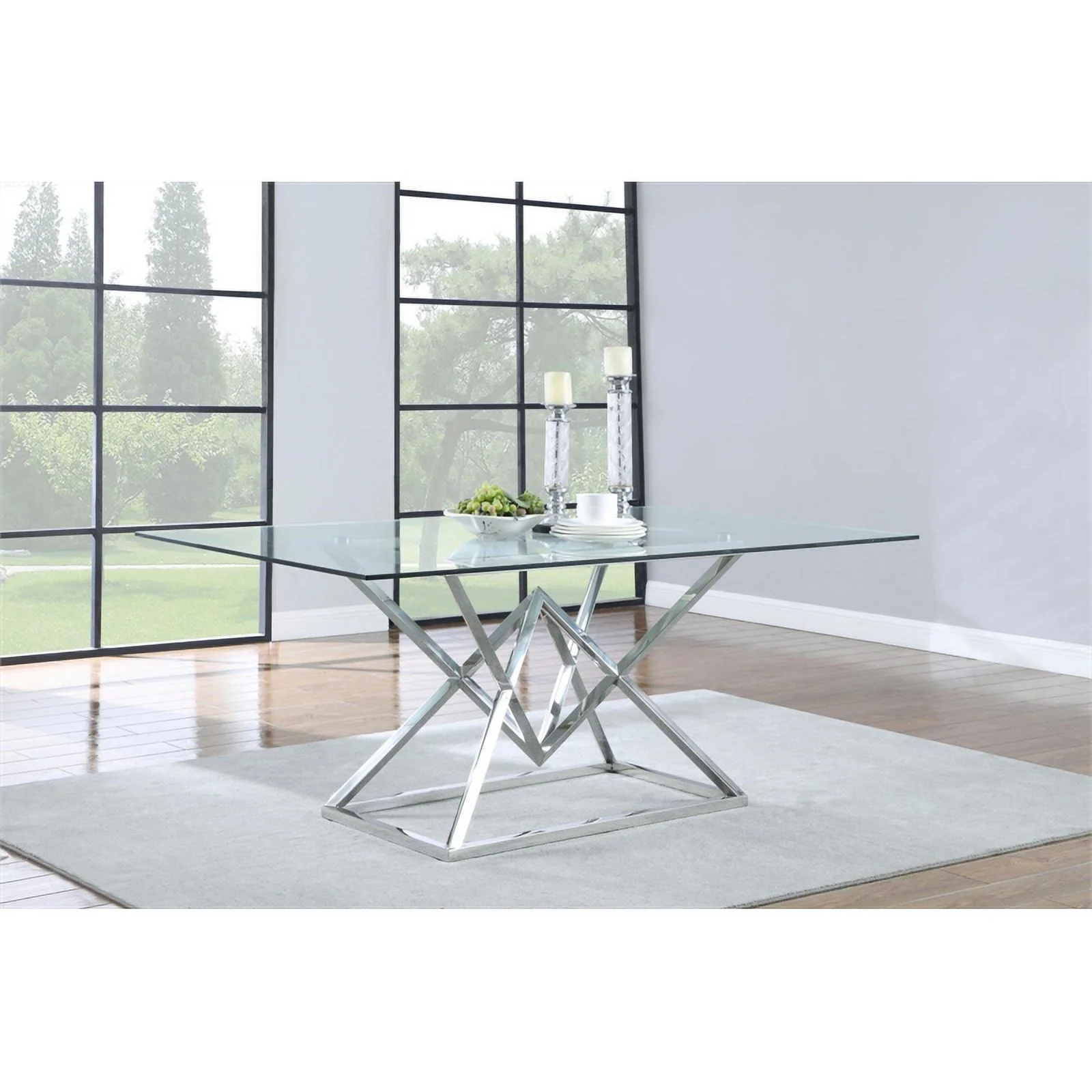 Pemberly Row Contemporary Metal Rectangle Glass Top Dining Table Chrome