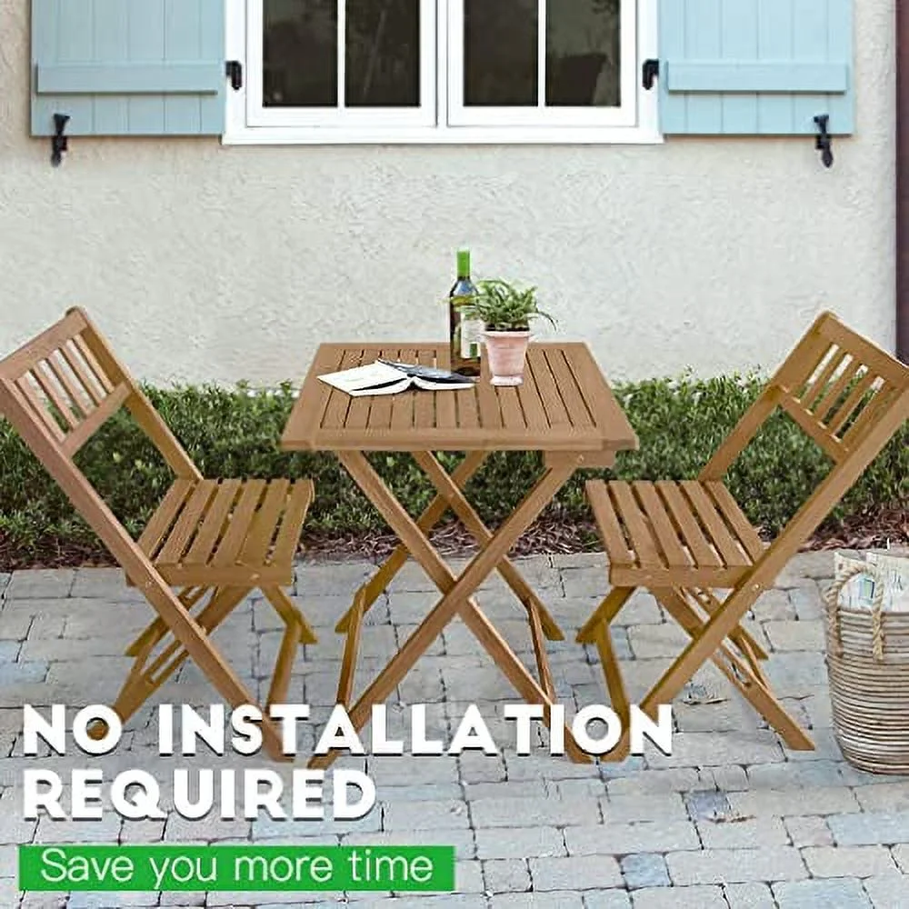 Yewuli Bistro Set 3 Piece Outdoor Folding Patio Chairs Wooden Folding Chairs, Bistro Cafe Table and Chairs Set of 2 Small Patio Set with Square Folding Table, Natural Acacia Wood