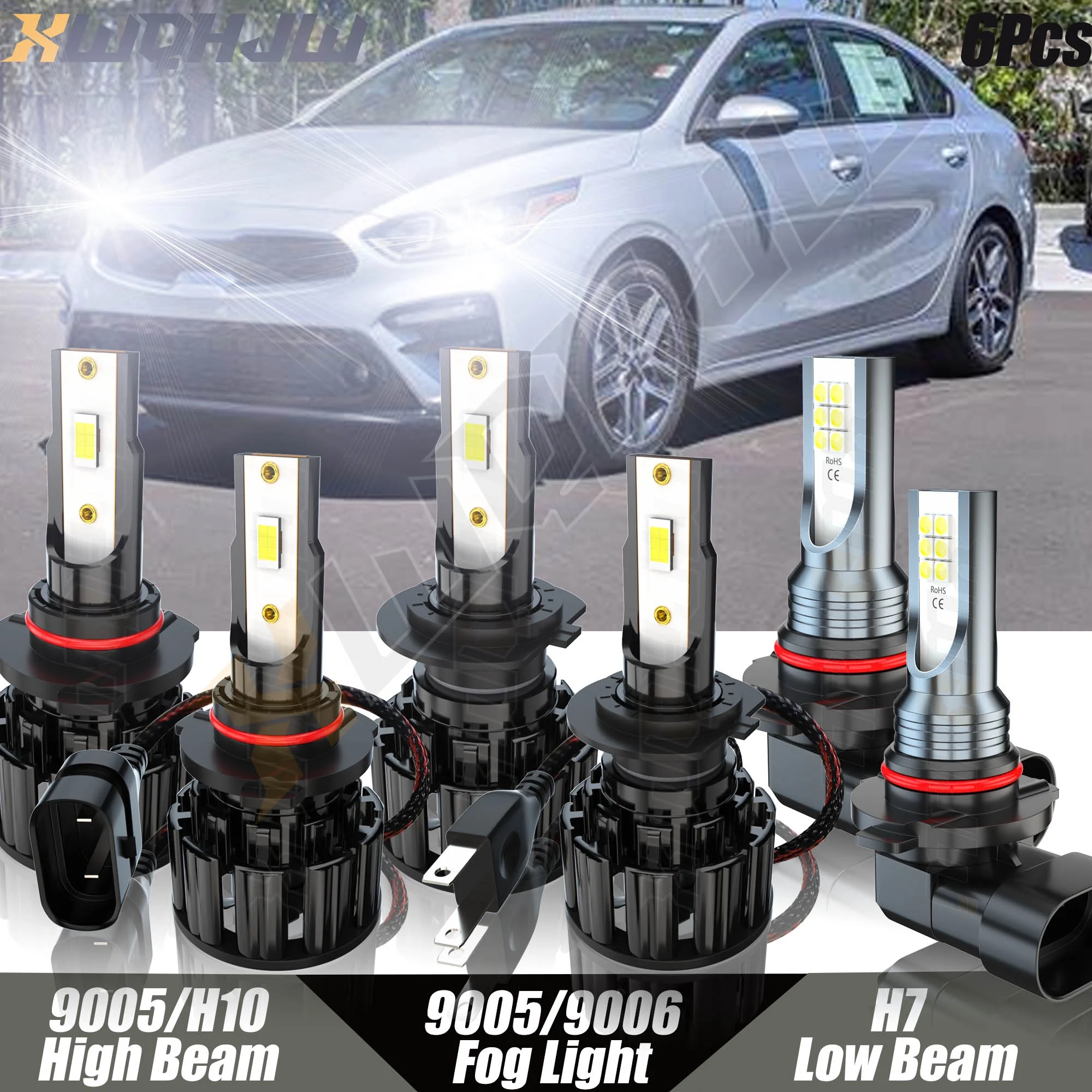 For Kia Forte 2019 9005 H7 9145 LED Headlight Fog Light High Low Beam Bulbs 6000K Pack of 6