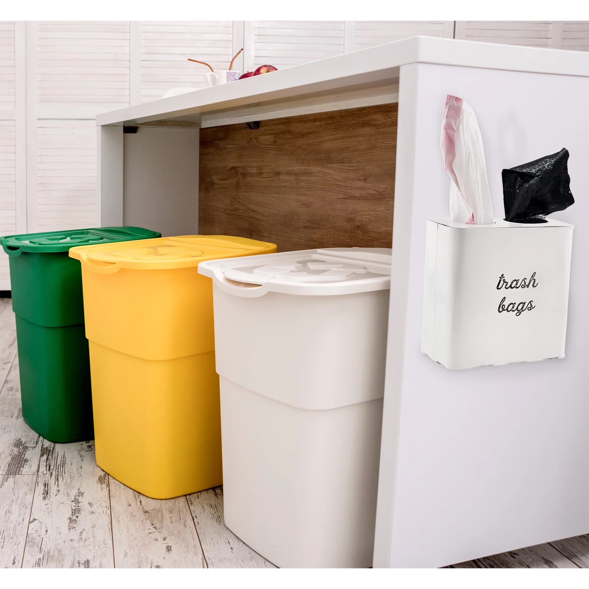 AuldHome Farmhouse Trash Bag Holder (White); Rustic Enamelware Garbage Bag Dispenser