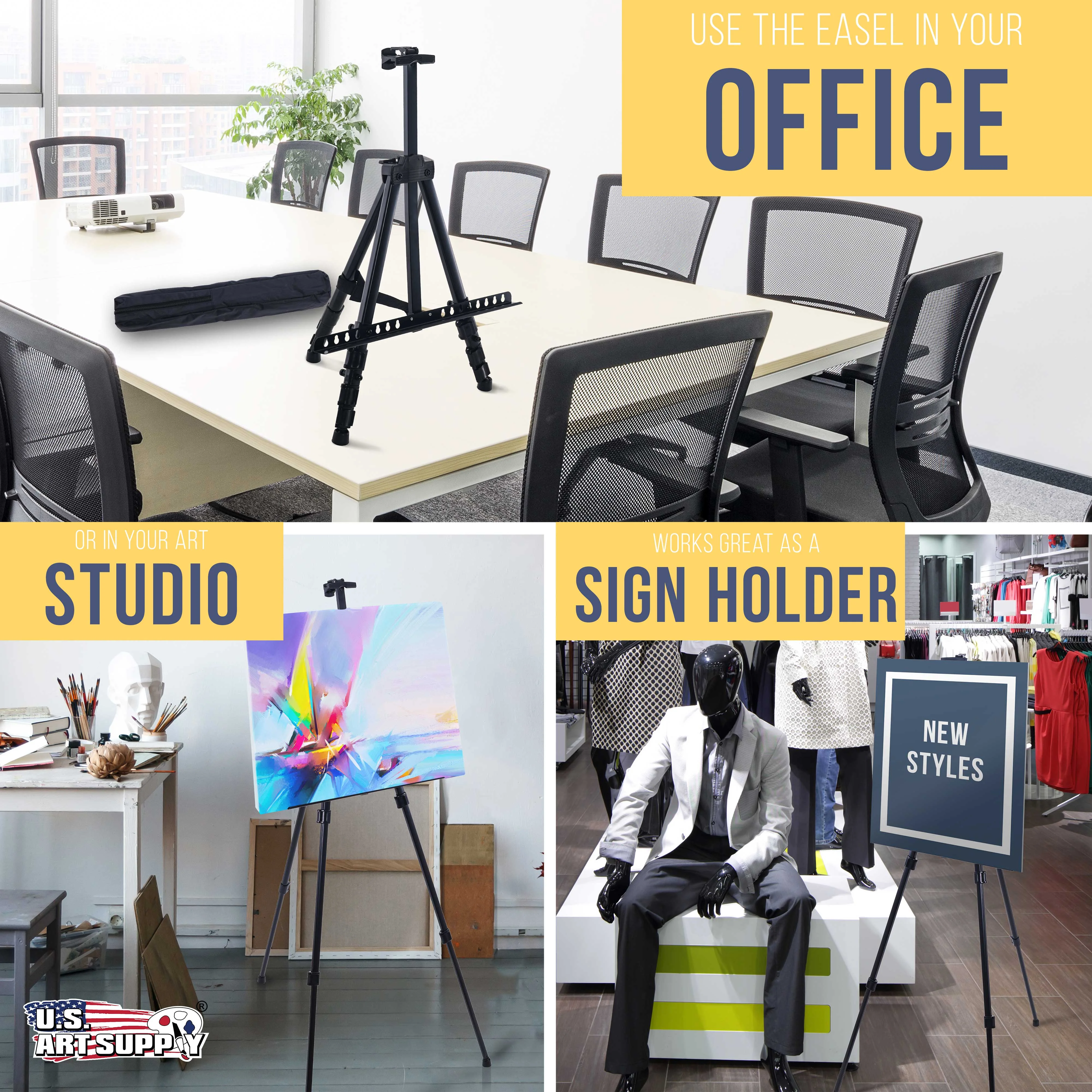 U.S. Art Supply - Pack of 10 - 66 Inch Sturdy Black Aluminum Tripod Artist Field and Display Easel Stand - Adjustable Height 20