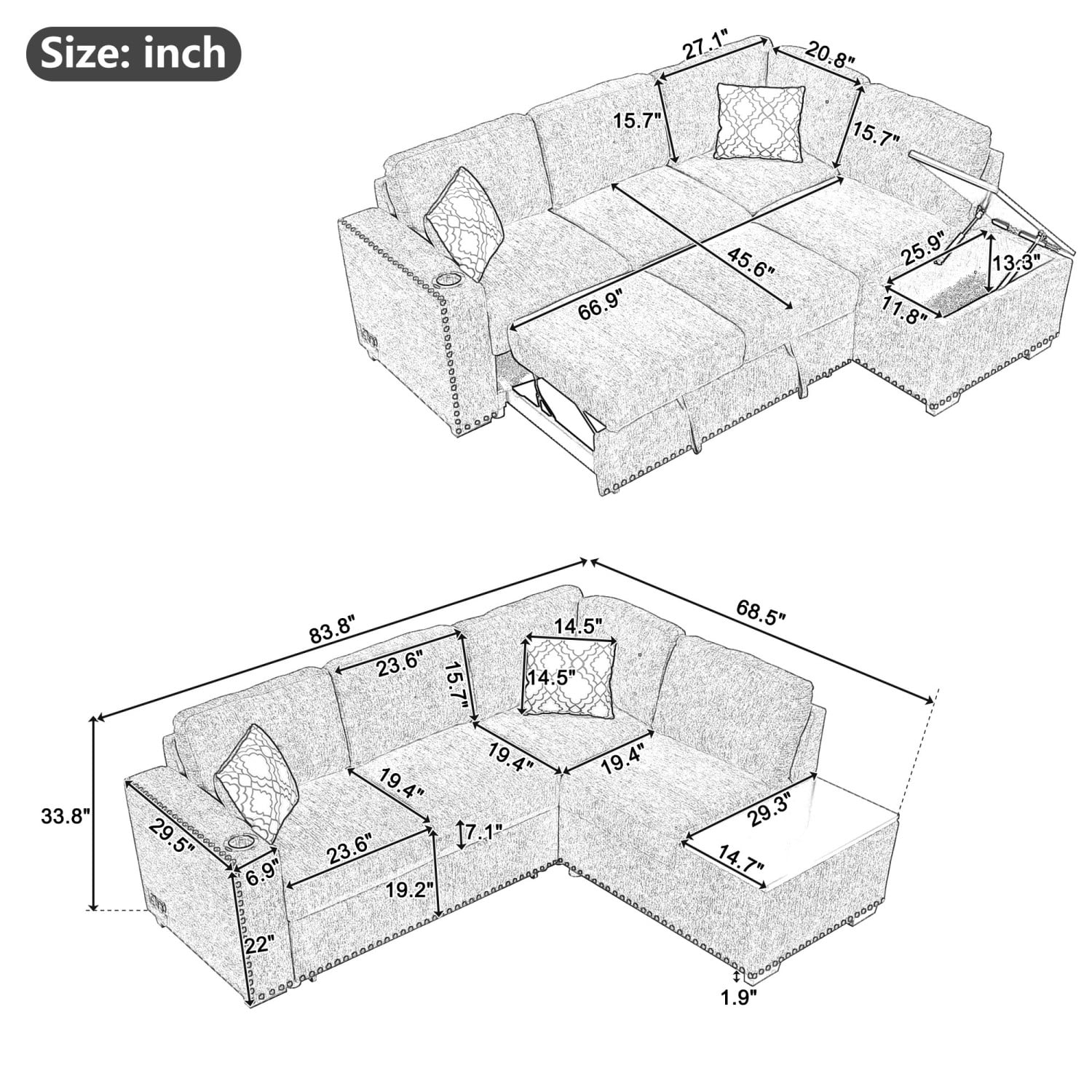 Modern 83.8” L-Shaped Corner Sectional Pull-Out Sofa Bed with Storage Chaise in Light Gray  featuring USB Ports  Power Sockets  and Cup Holder; Perfect for Living Room  Bedroom  Study Spa