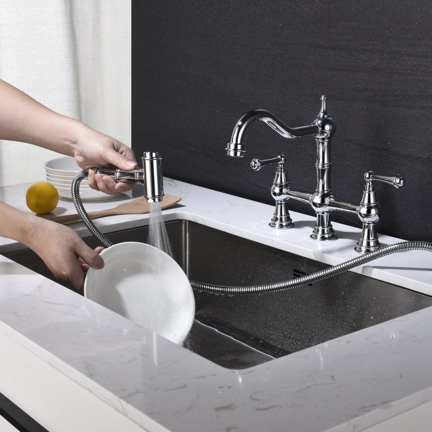 DremFaryoyo Bridge Dual Handles Kitchen Faucet With Pull-Out Side Spray in
