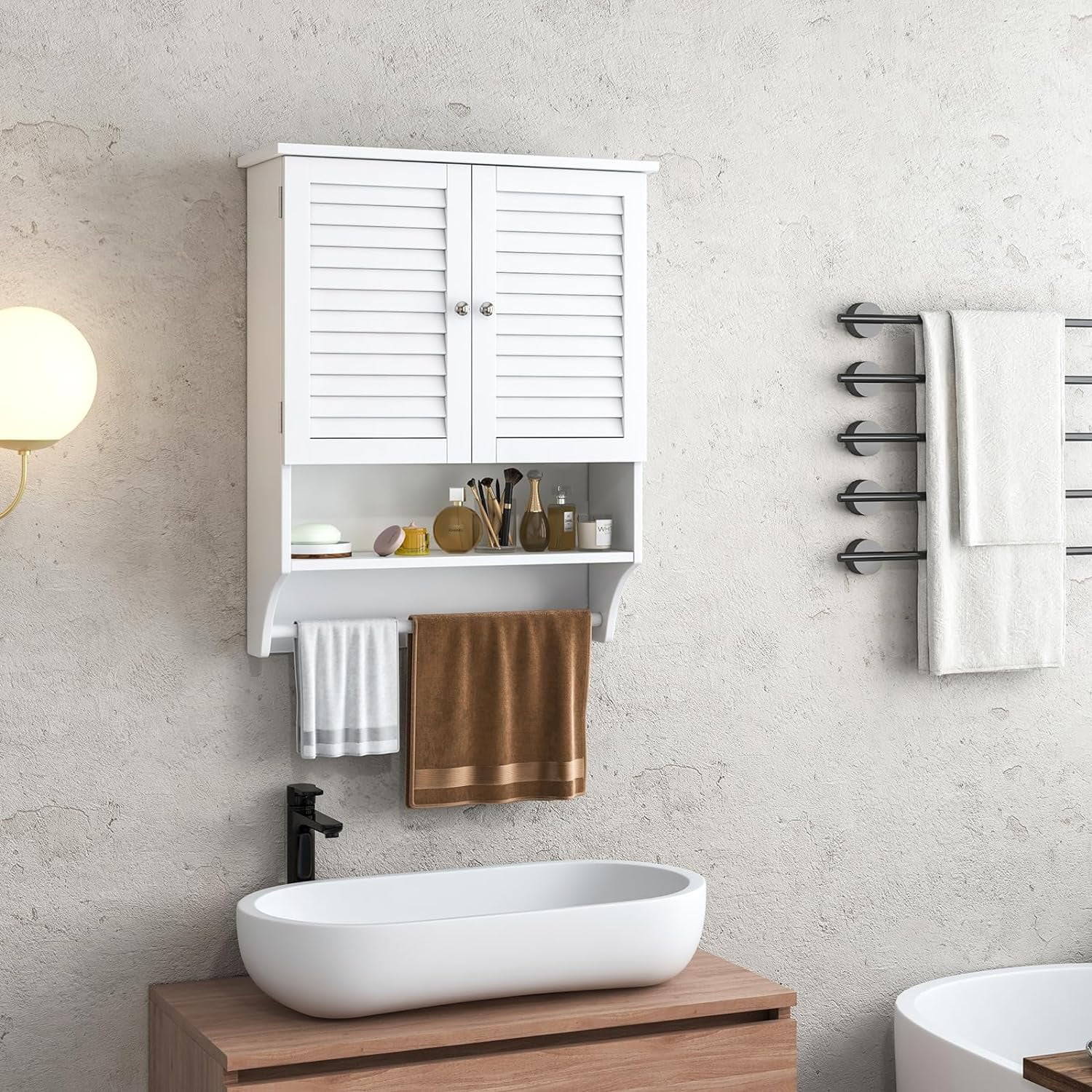 Wall Mounted Bathroom Cabinet with Open Shelf & Bar, Medicine Cabinet with Double Louvered Doors, Wall Storage Cabinet with Adjustable Shelf, for Bathroom Living Room Kitchen (White)