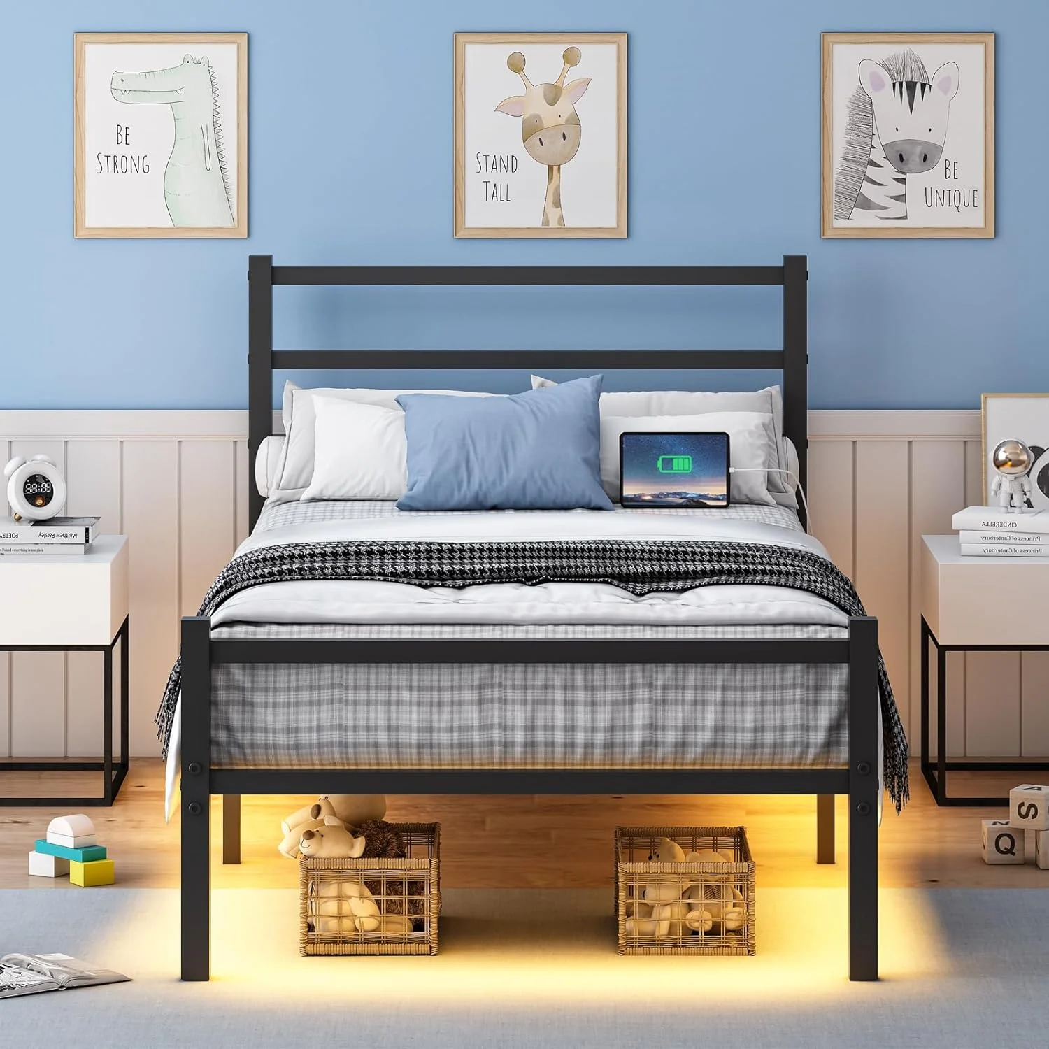 4 EVER WINNER Twin Size Bed Frame with LED Lights Headboard, Black Metal Platform Bed Frame with Charging Station, Heavy Duty, No Box Spring Needed, Black