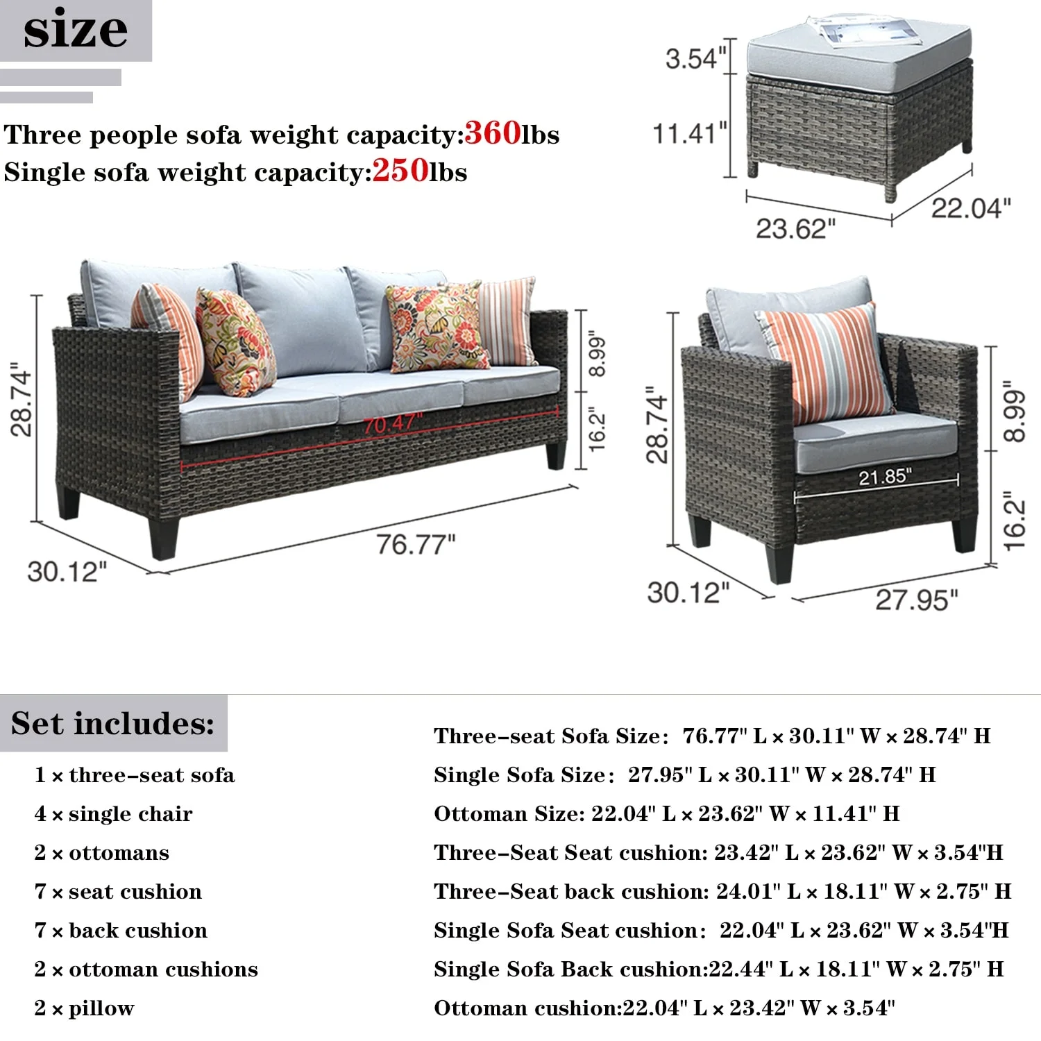 OVIOS  7-piece Patio Wicker Conversation Set Grey