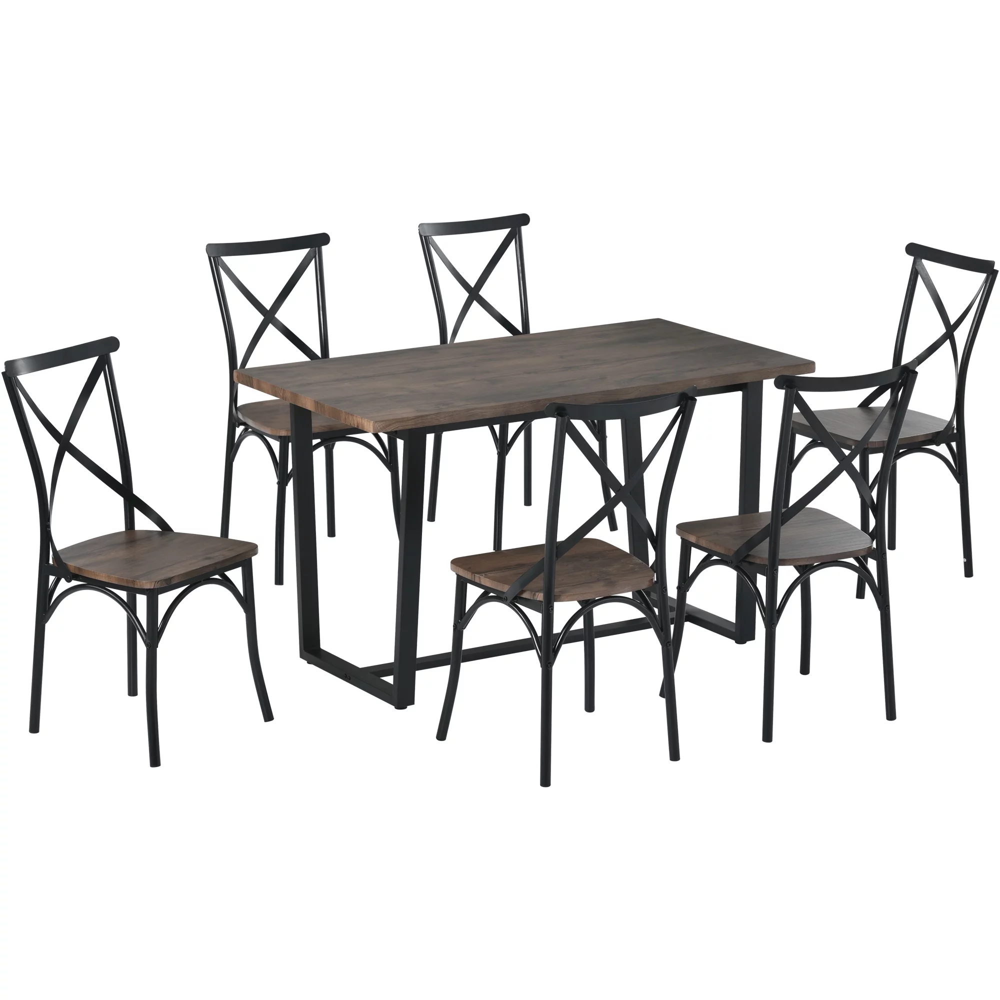 CoSoTower 7 Piece Industrial Dining Table Set Rectangular Table With 6 Dining Chairs Kitchen Table Set With Metal Frame, Rustic Brown
