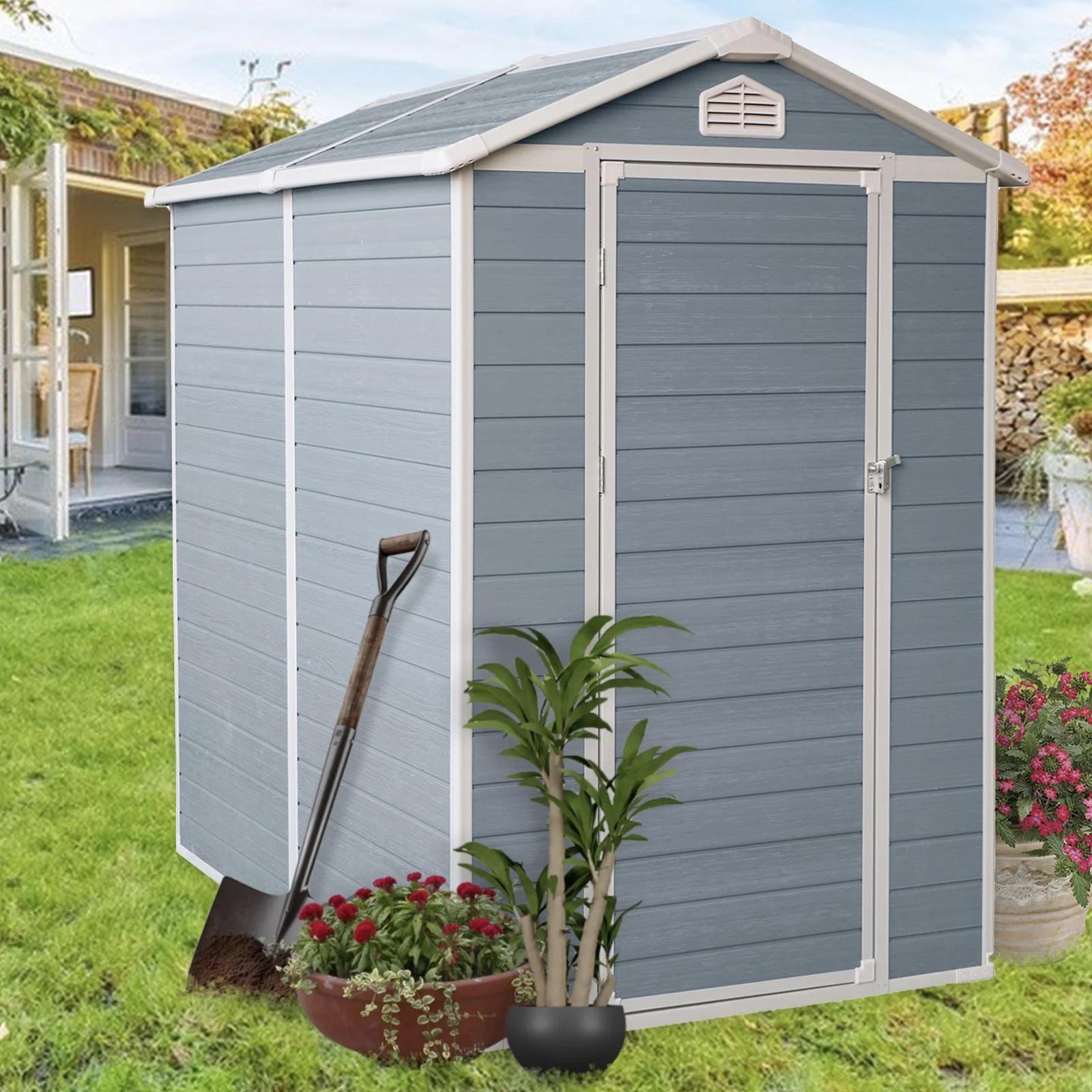6' x 4' Outdoor Resin Storage Shed, Backyard Plastic Sheds with Reinforced Floor, Lockable Door, Garage Patio Garden Storage Shed, Gray