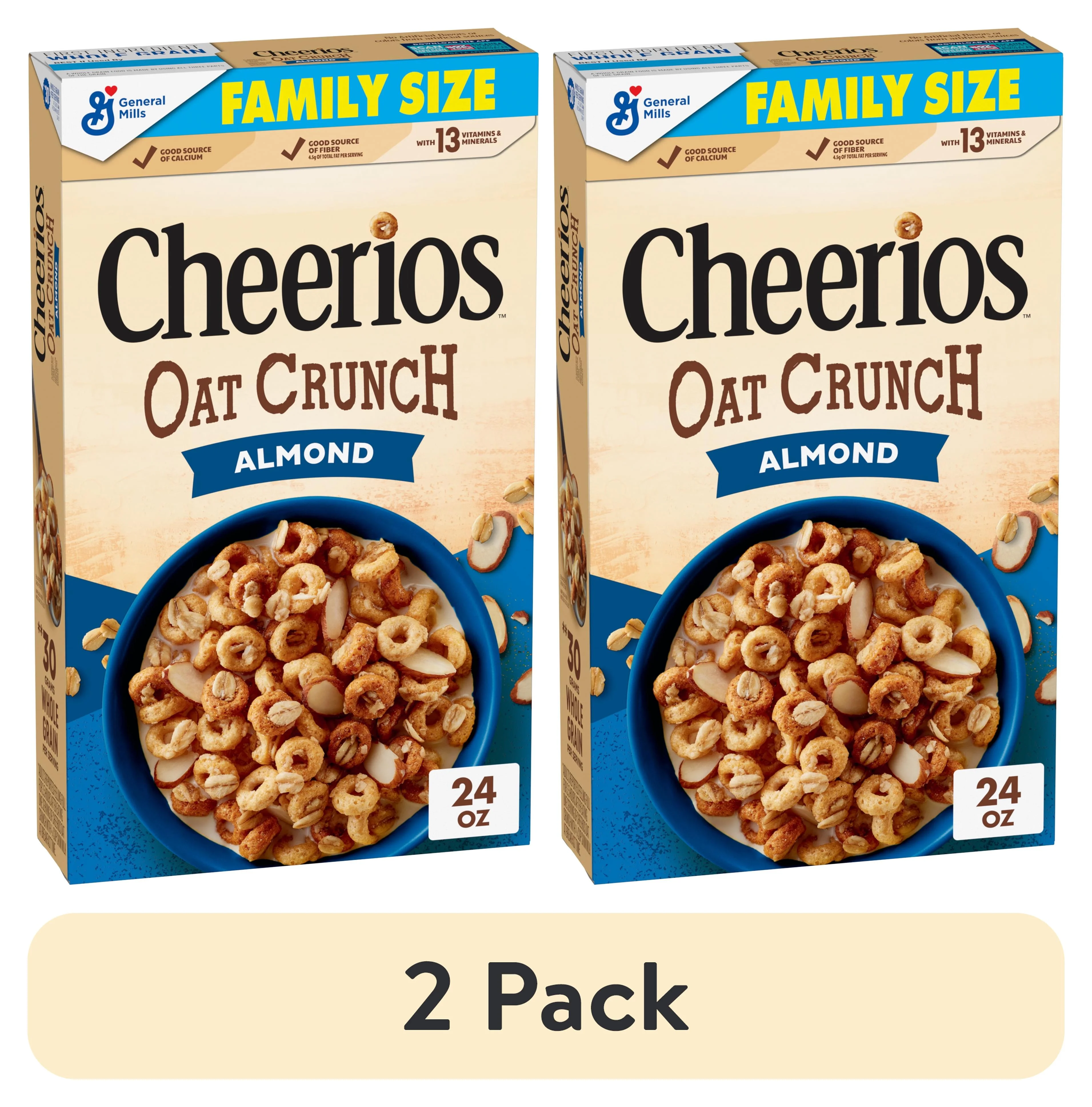 (2 pack) Cheerios Oat Crunch Almond Oat Breakfast Cereal, Family Size, 24 oz
