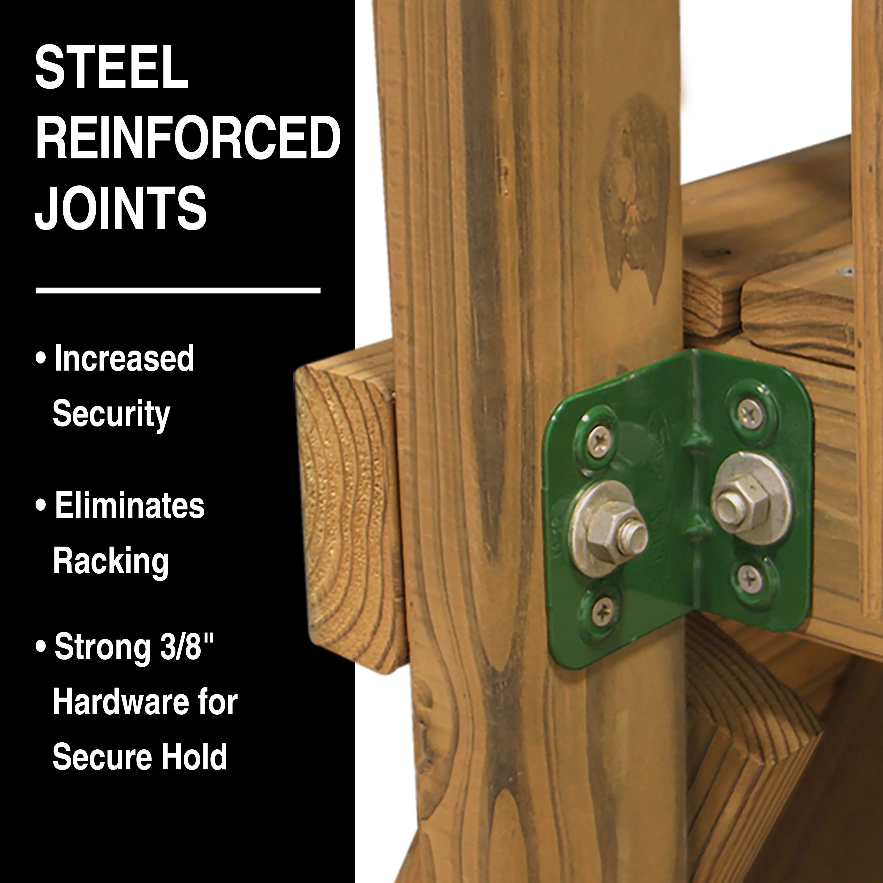 PLAYSTAR ALL PRO BRONZE SWING SET (A). SOUTHERN PINE LUMBER. INCLUDES SLIDE, ROCK CLIMBING WALL. ADVENTURE TUNNEL, SWINGS, GYM RINGS, & CLIMBING BARS. 15 ACTIVITIES 21X10X10 FT