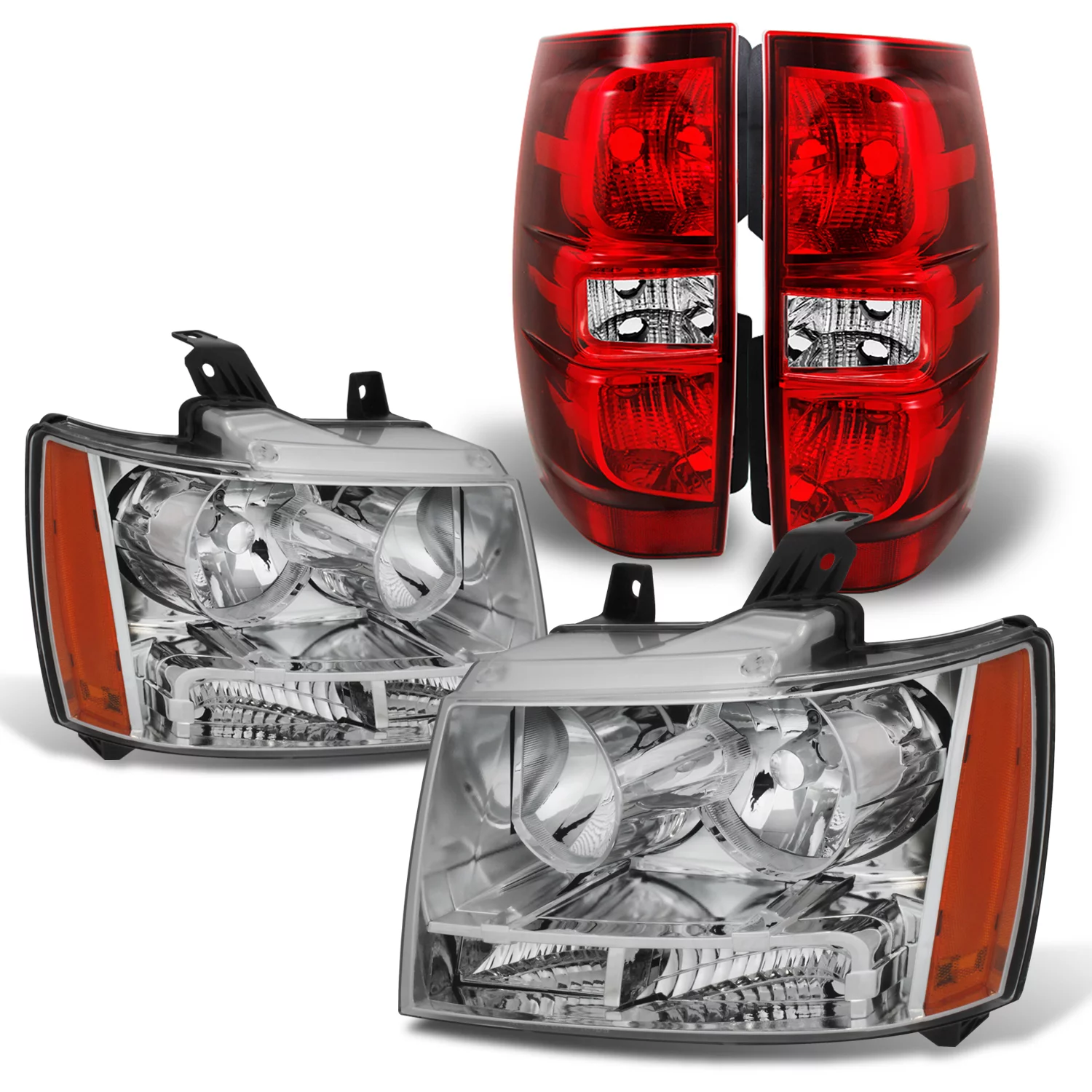 AKKON - For 07-14 Chevy Suburban Tahoe Chrome Clear OE Headlights + Red Lens Rear Tail Brake Lamp Replacement