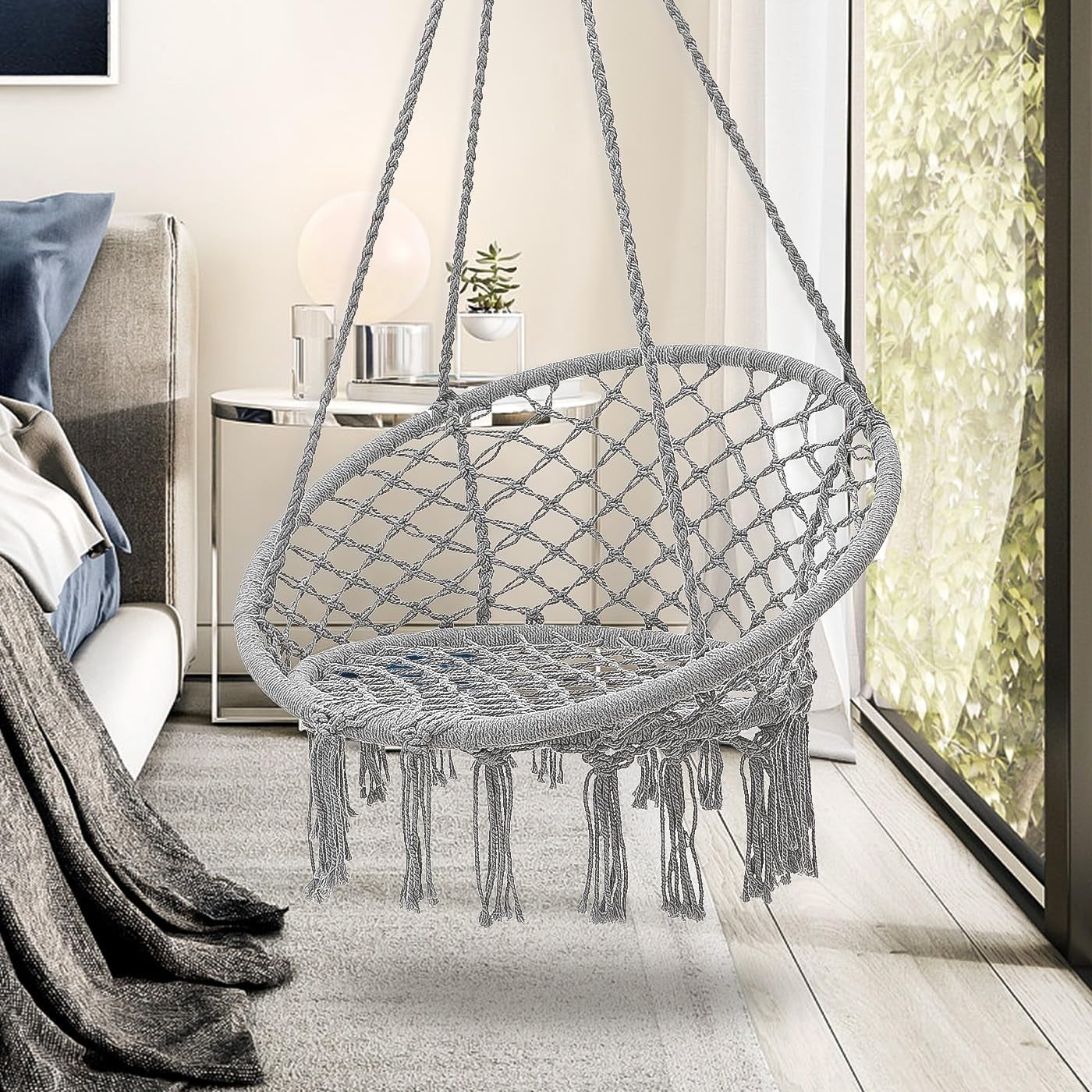 Hammock Chair Macrame Swing Bohemian Hammock Swing Chair With Tassels Hanging Swing Chair Handmade Knitted Cotton Rope For Indoor Outdoor Bedroom Patio Max 330 Lbs Grey